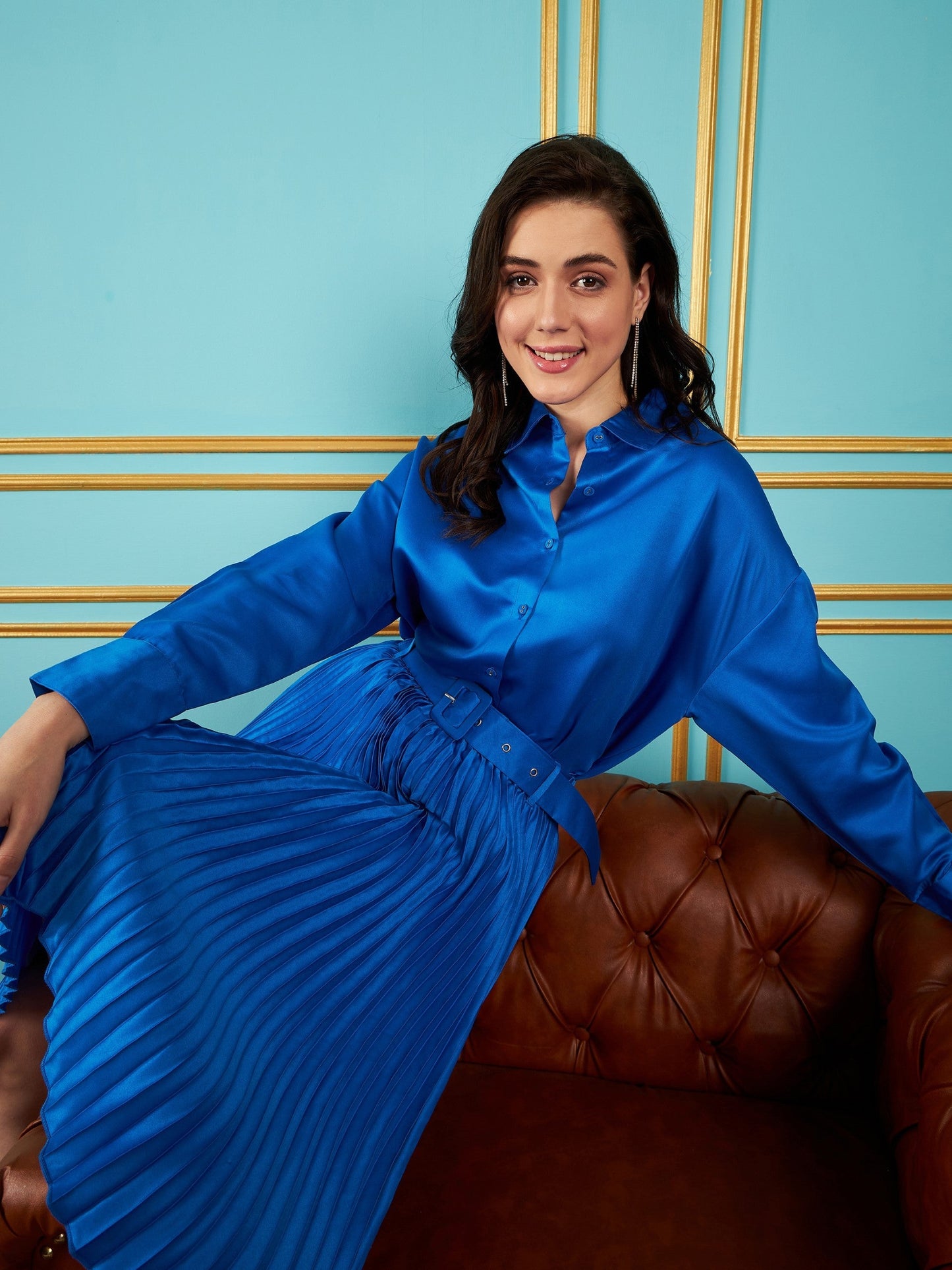 Royal Blue Satin Pleated Midi Skirt
