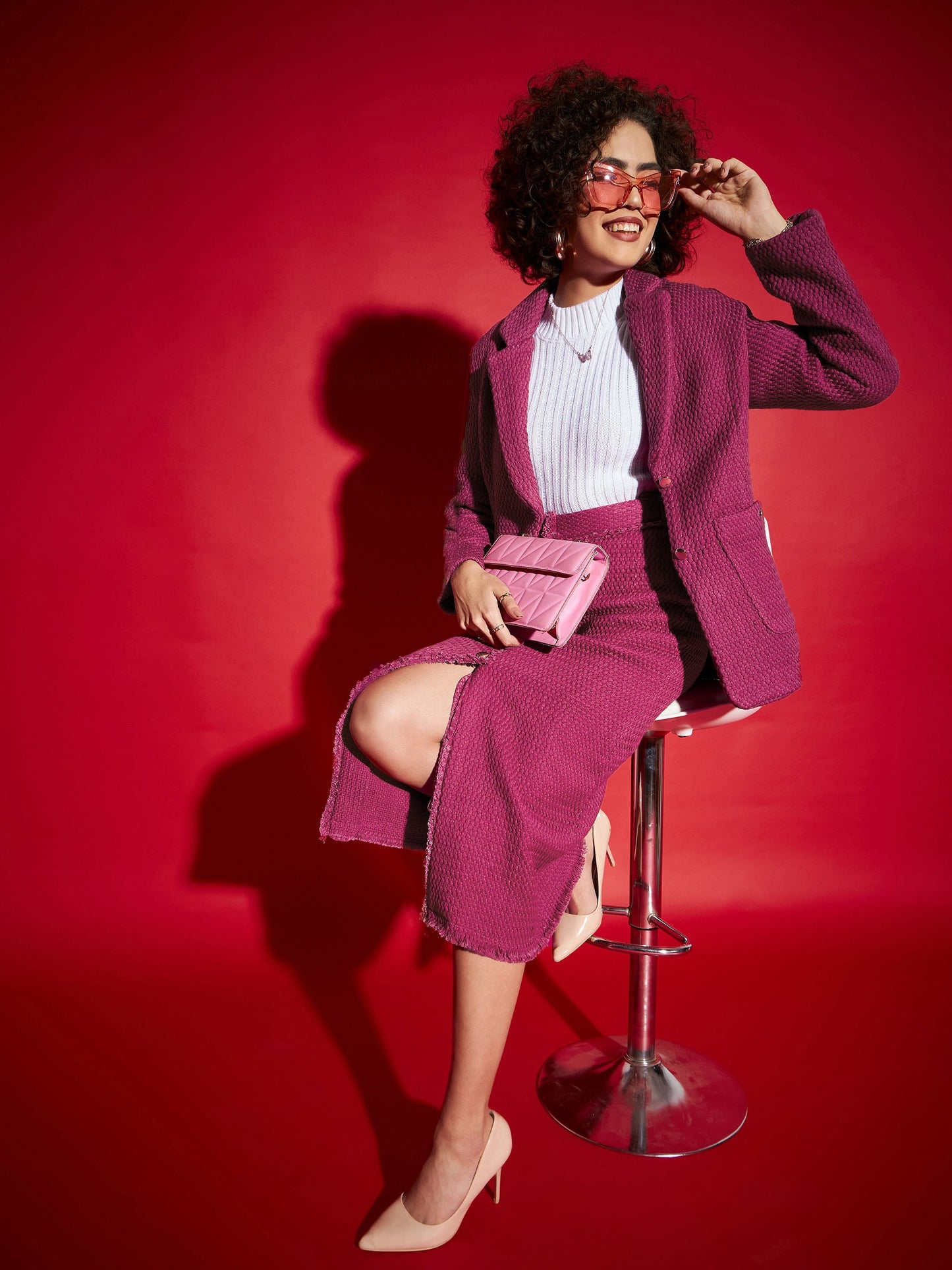 Magenta Tweed Front Button Midi Skirt