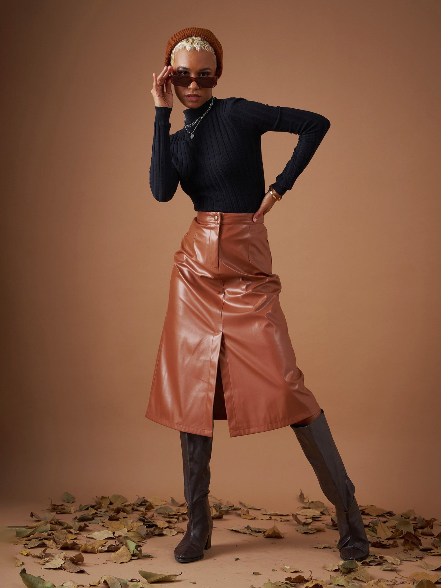 Brown PU A-Line Below Knee Skirt