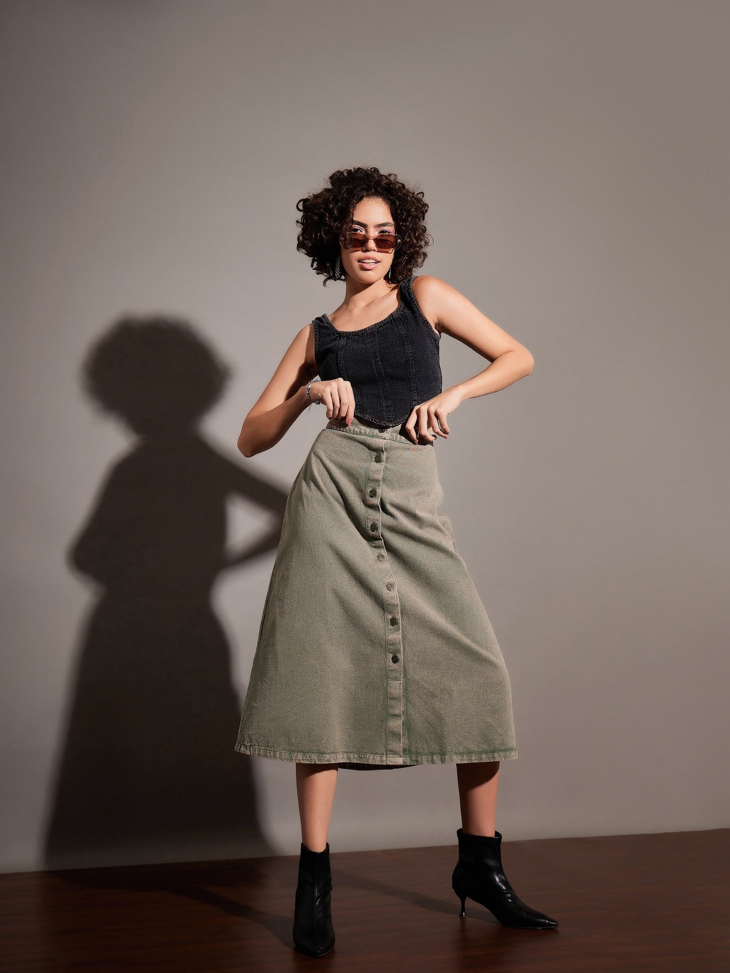 Women Beige Washed Denim A-Line Skirt
