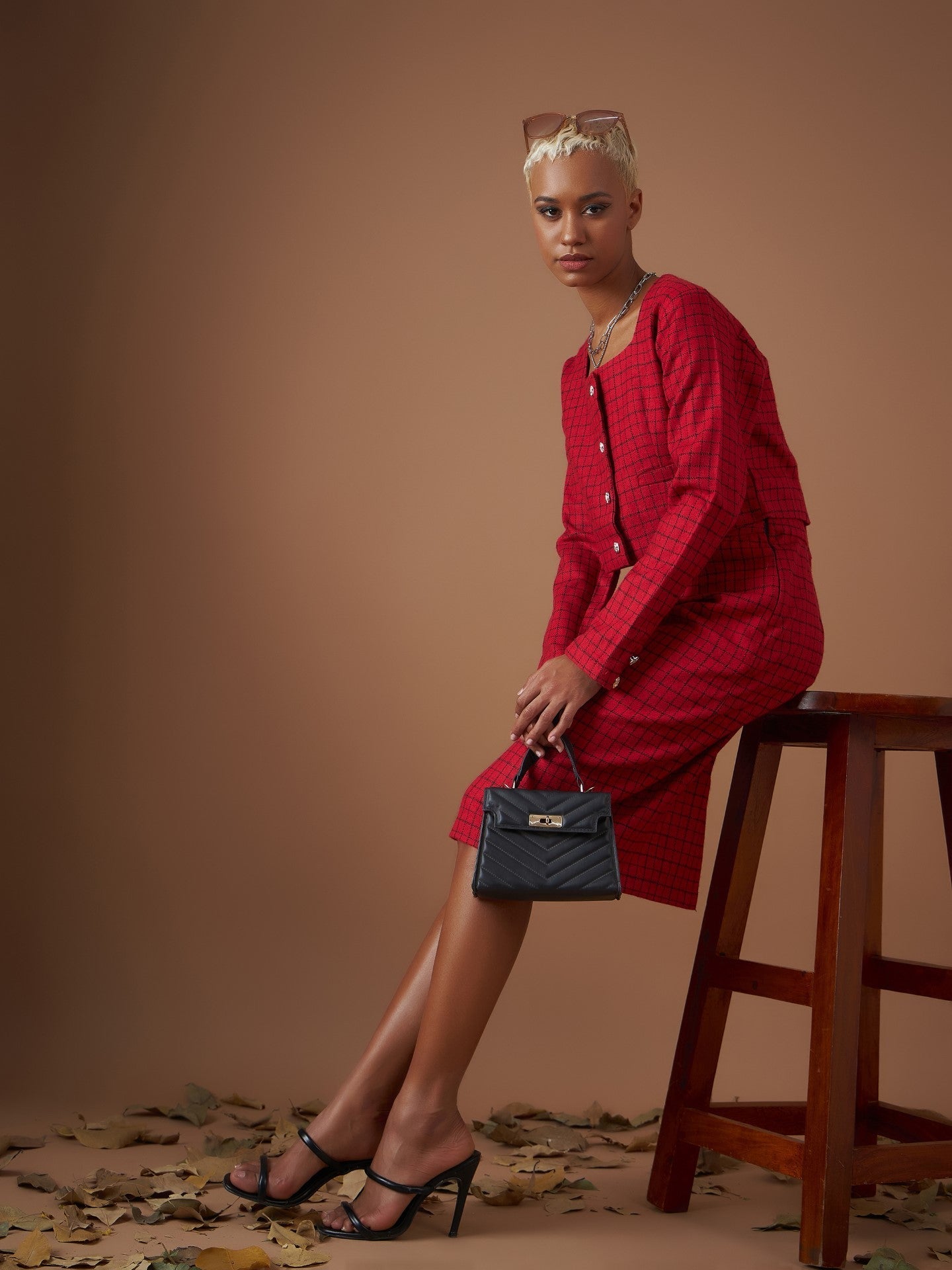 Red Check Jacquard Tweed Pencil Skirt