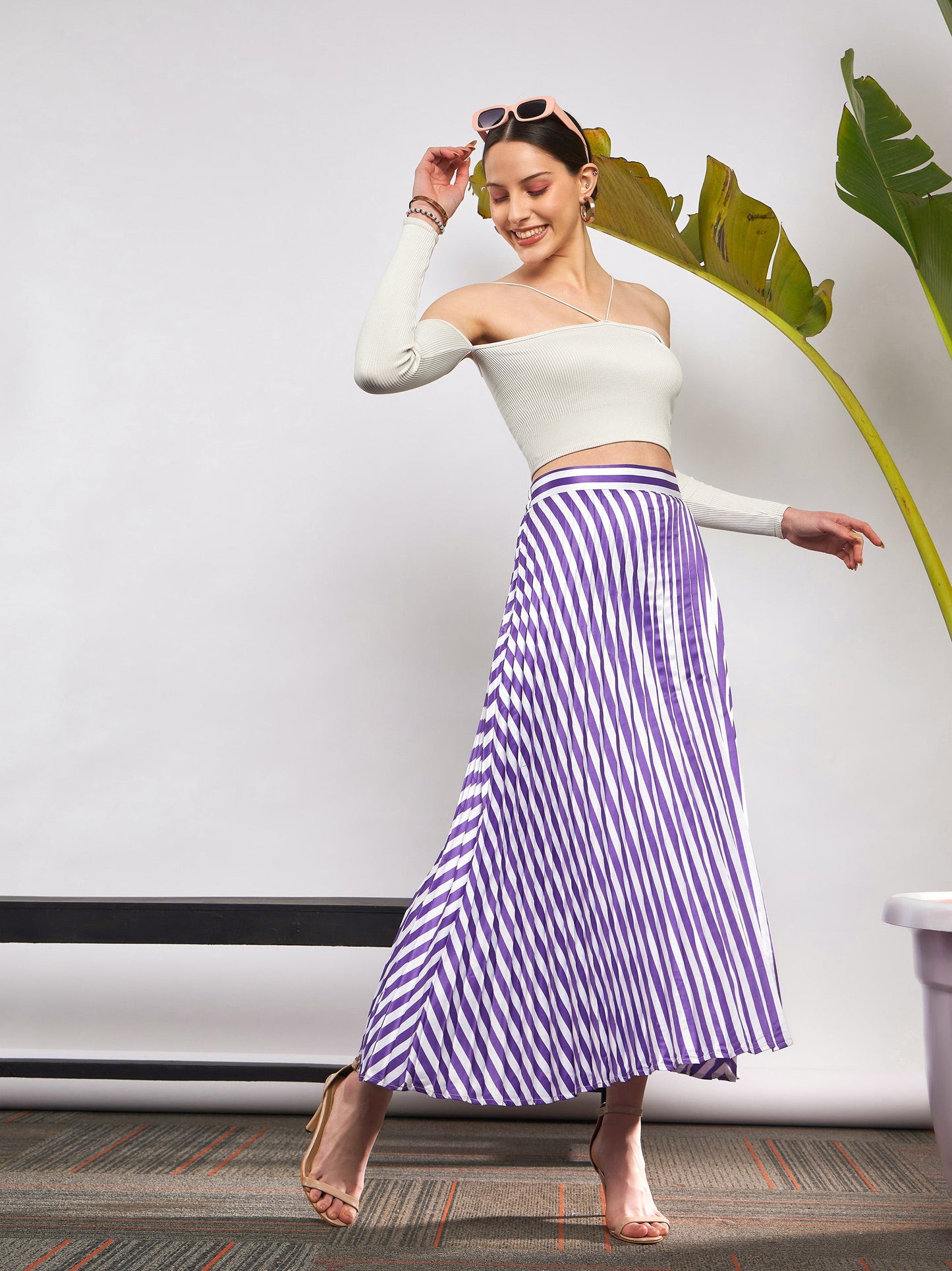 Purple & White Satin Striped Accordion Pleated Maxi Skirt