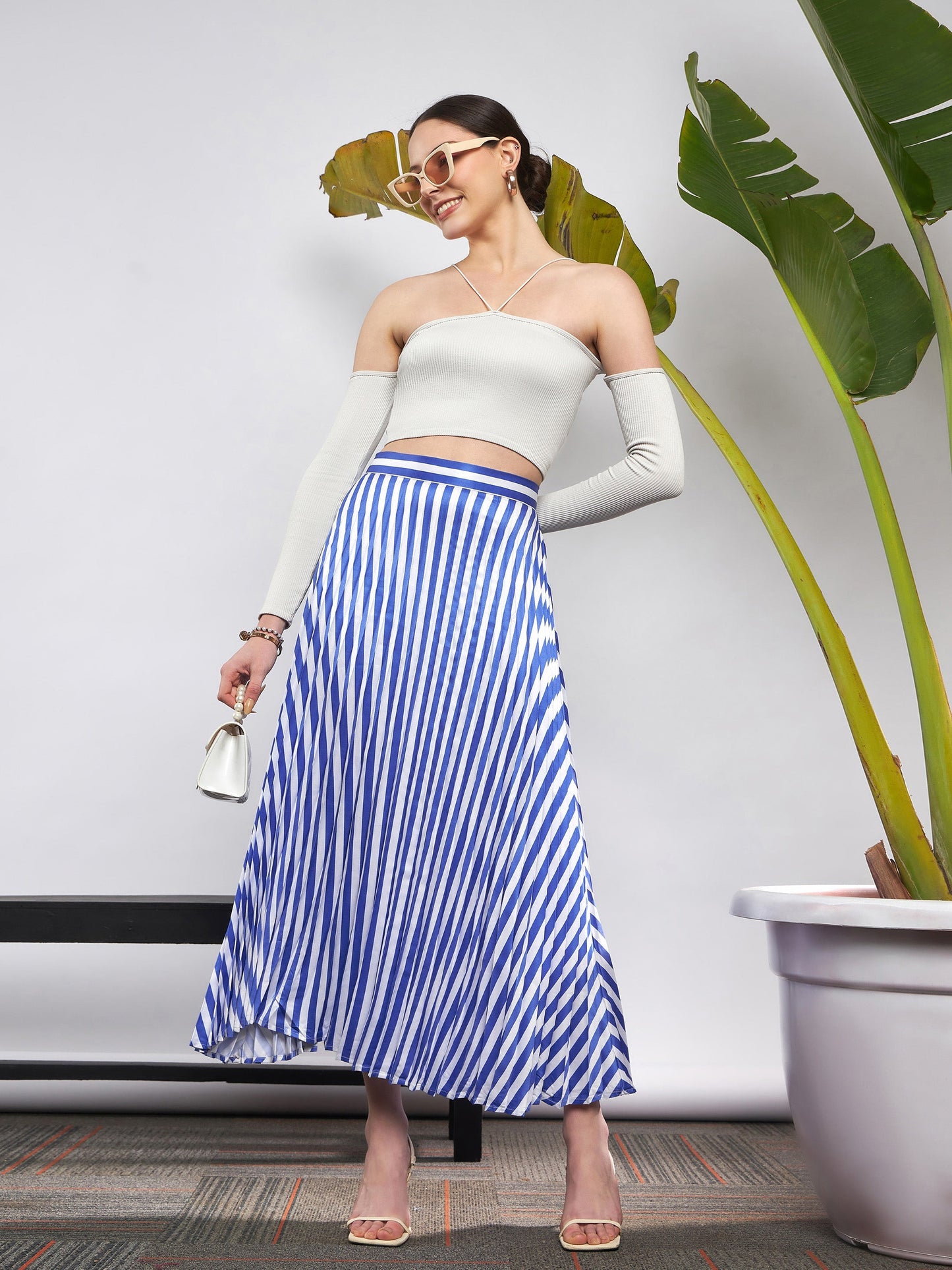 Blue & White Satin Striped Accordion Pleated Maxi Skirt