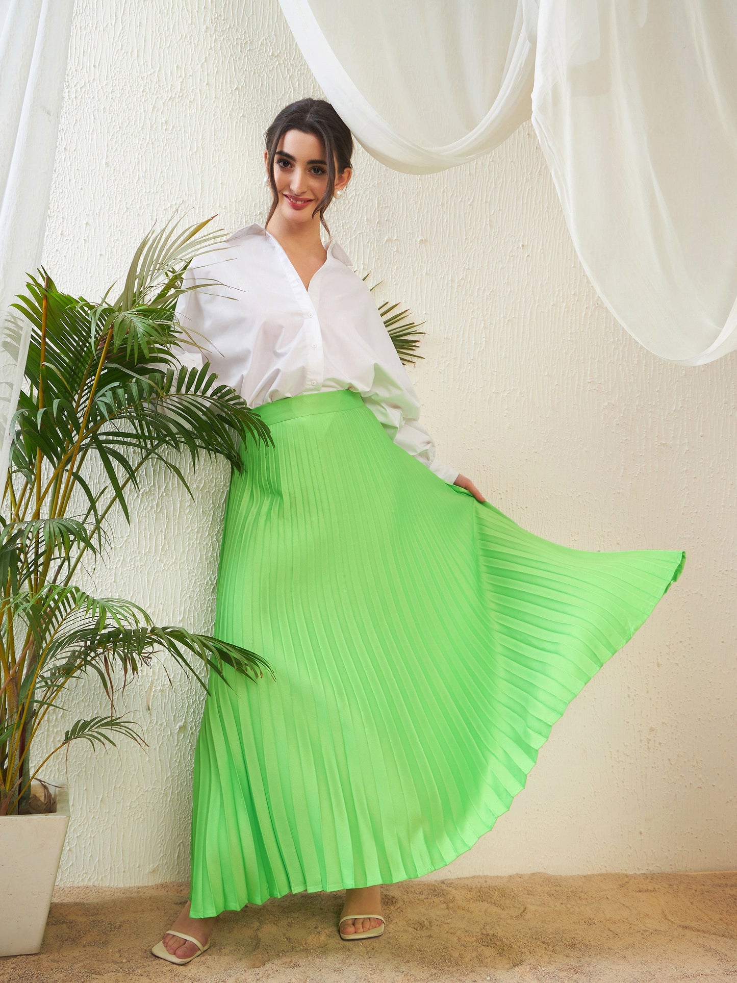 Green Satin Accordion Pleated Maxi Skirt