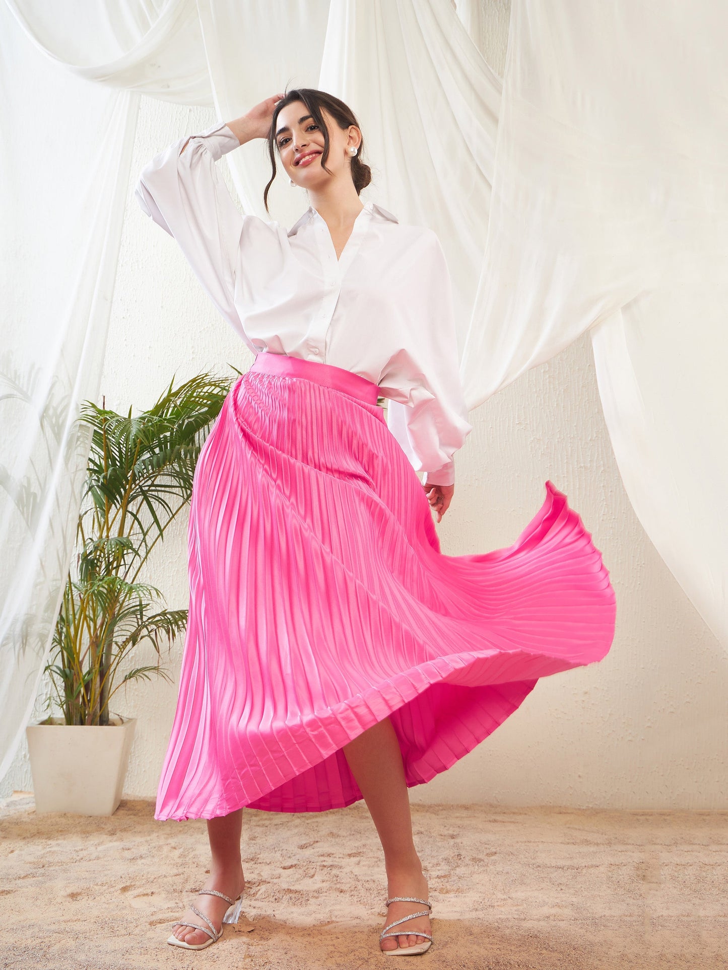 Pink Satin Accordion Pleated Maxi Skirt