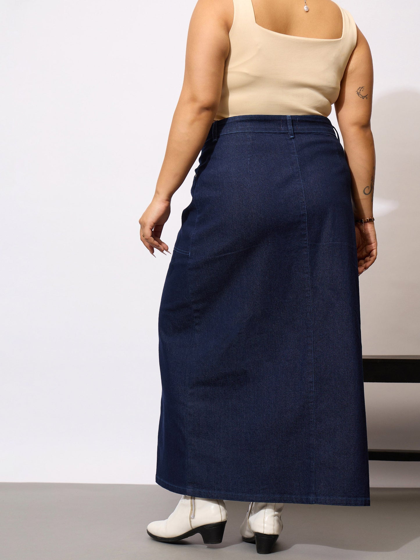 Navy Denim Acid Wash Front Button Skirt-SASSAFRAS Curve