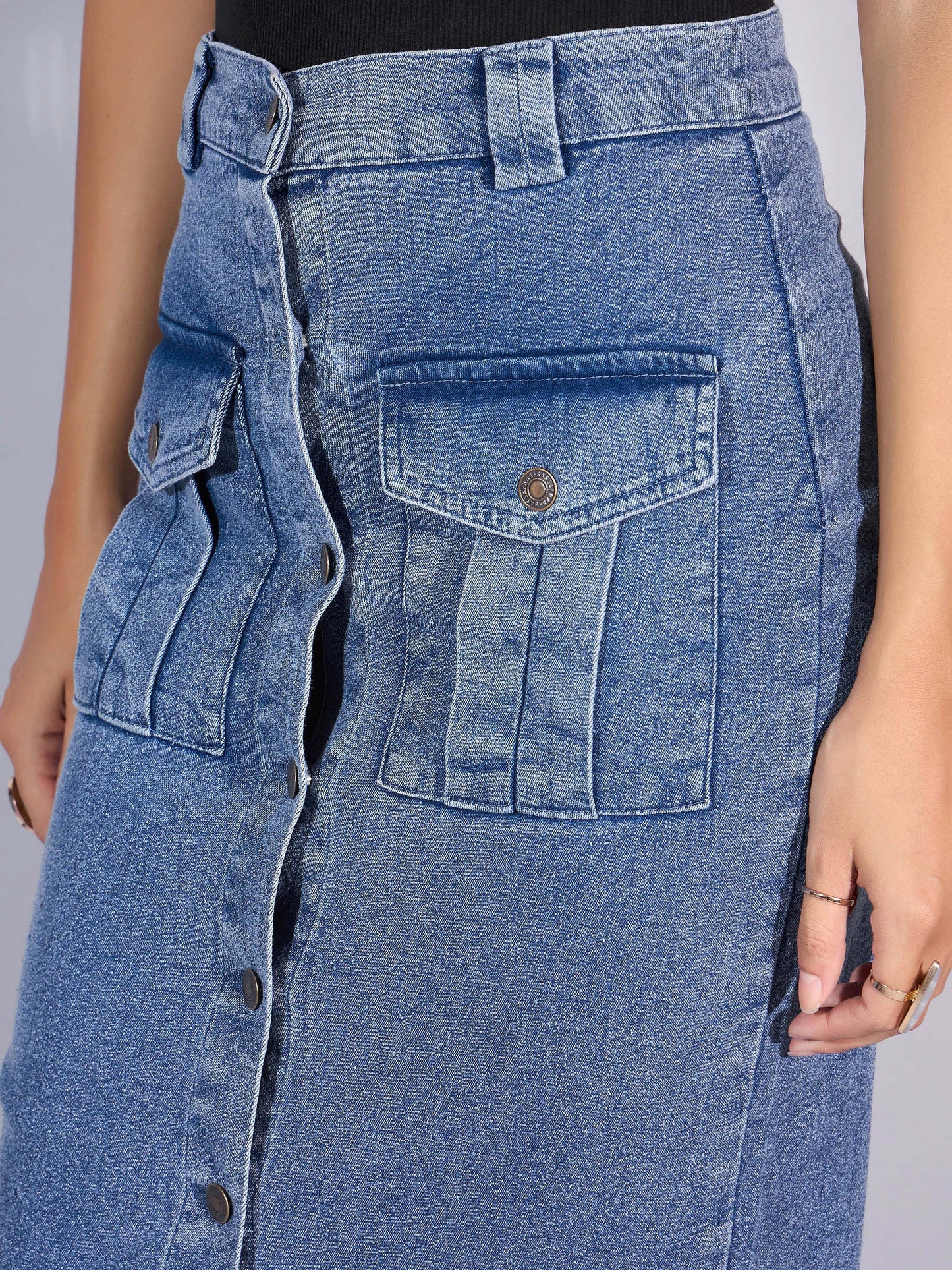 Blue Washed Denim Front Button Midi Skirt