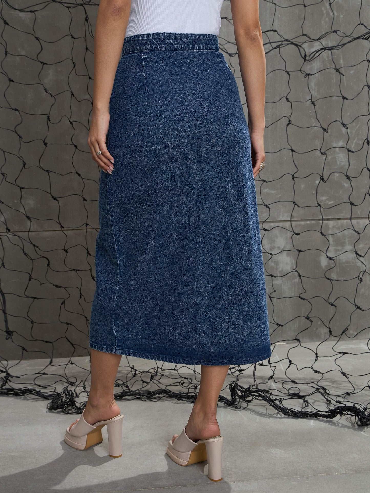 Women Blue Front Button Wrap Skirt