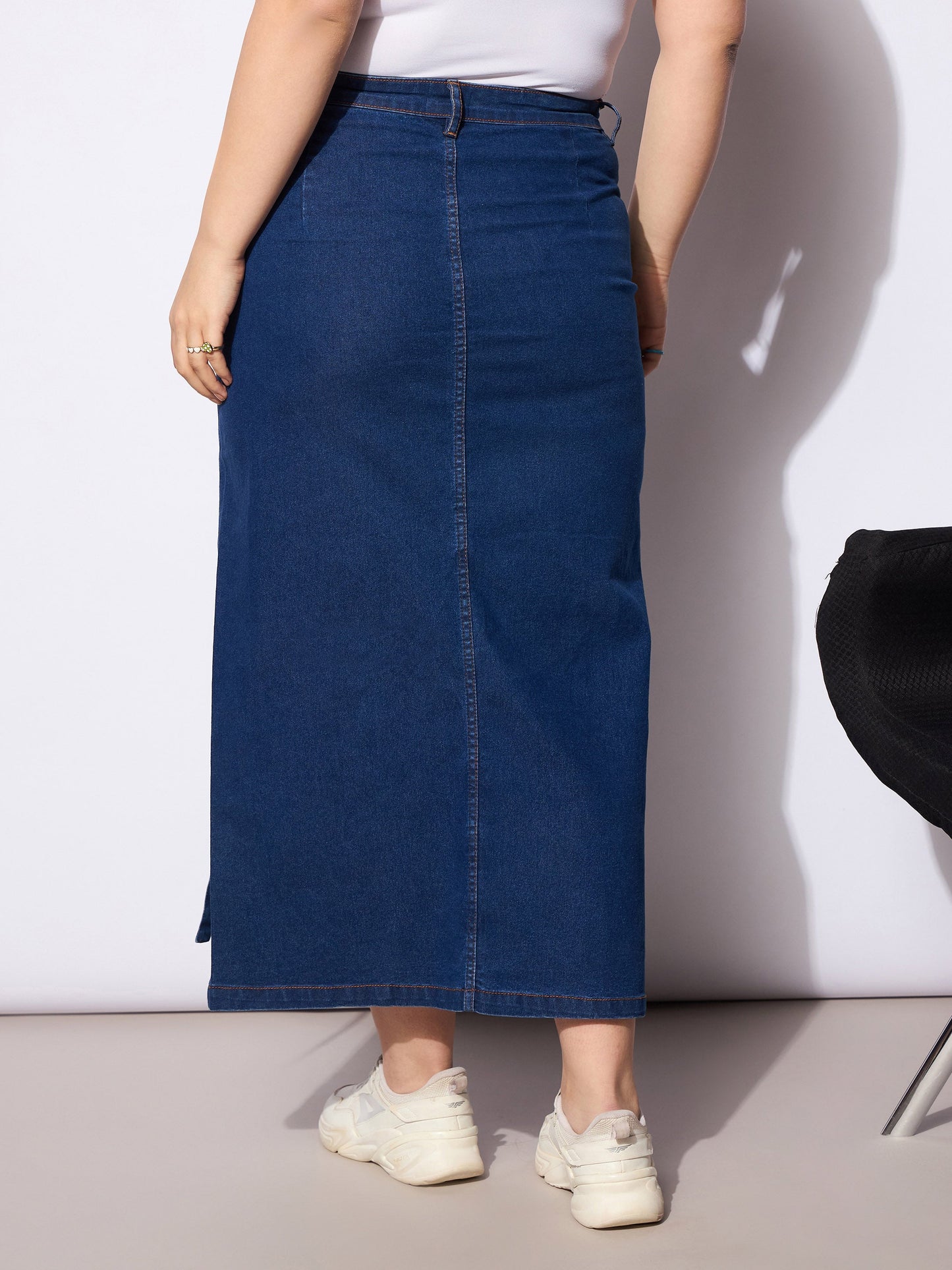 Navy Denim Multi Pocket Front Slit Skirt