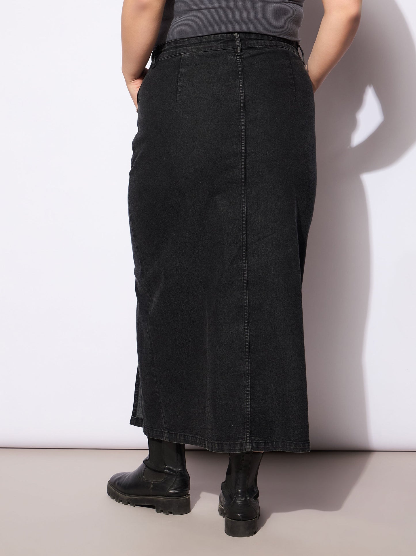 Black Wash Denim Side Slit Skirt