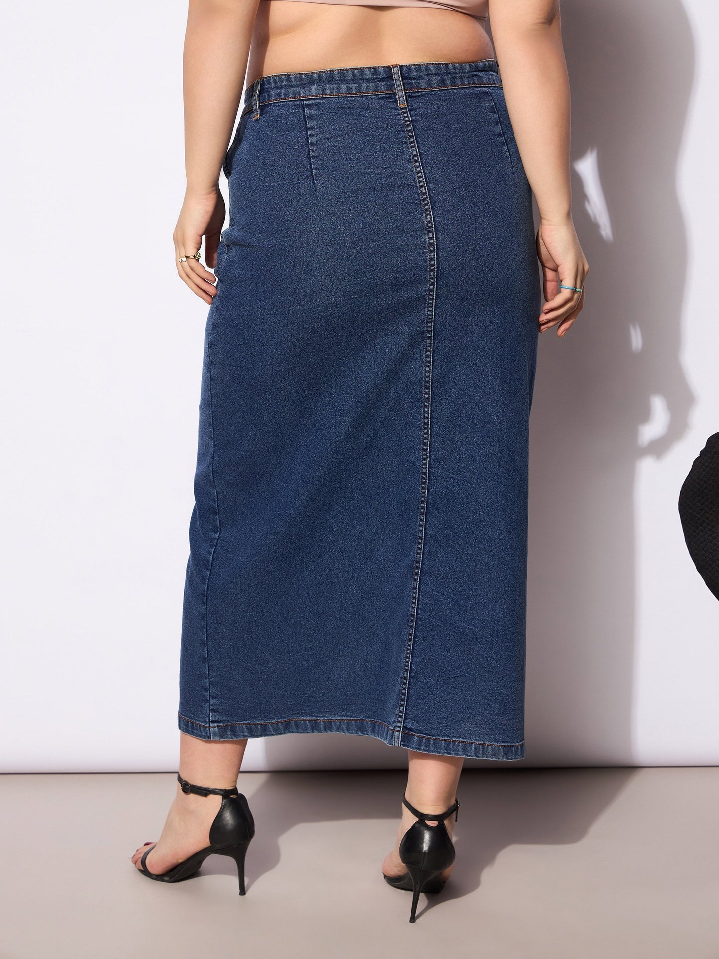 Navy Wash Denim Side Slit Skirt