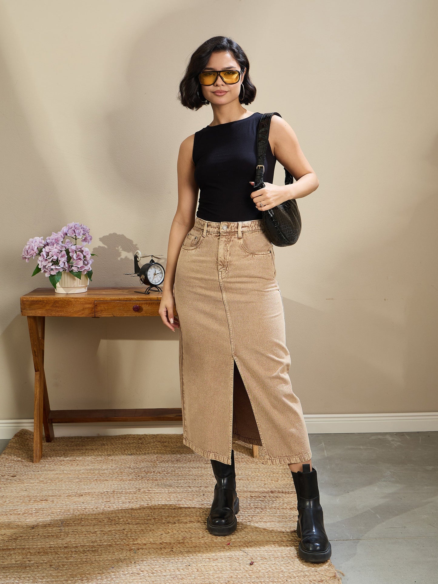 Women Beige Front Slit Midi Skirt