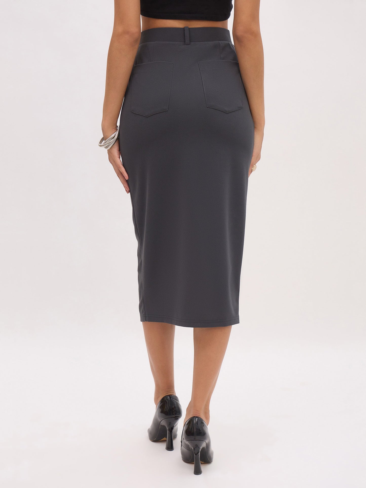 Women Dark Grey Front Slit Midi Skirt