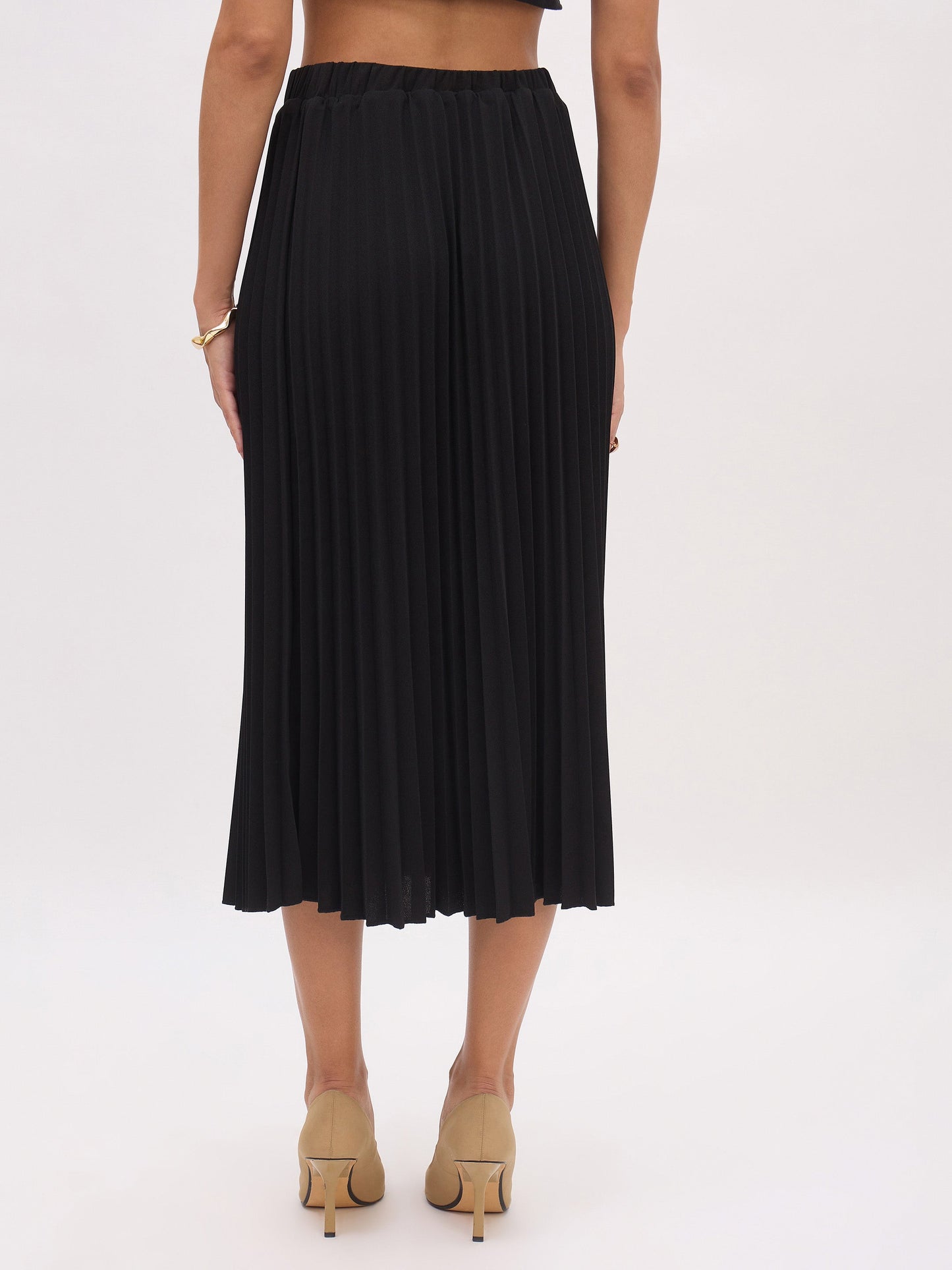 Women Black Elasticated Waist Pleated Midi Skirt