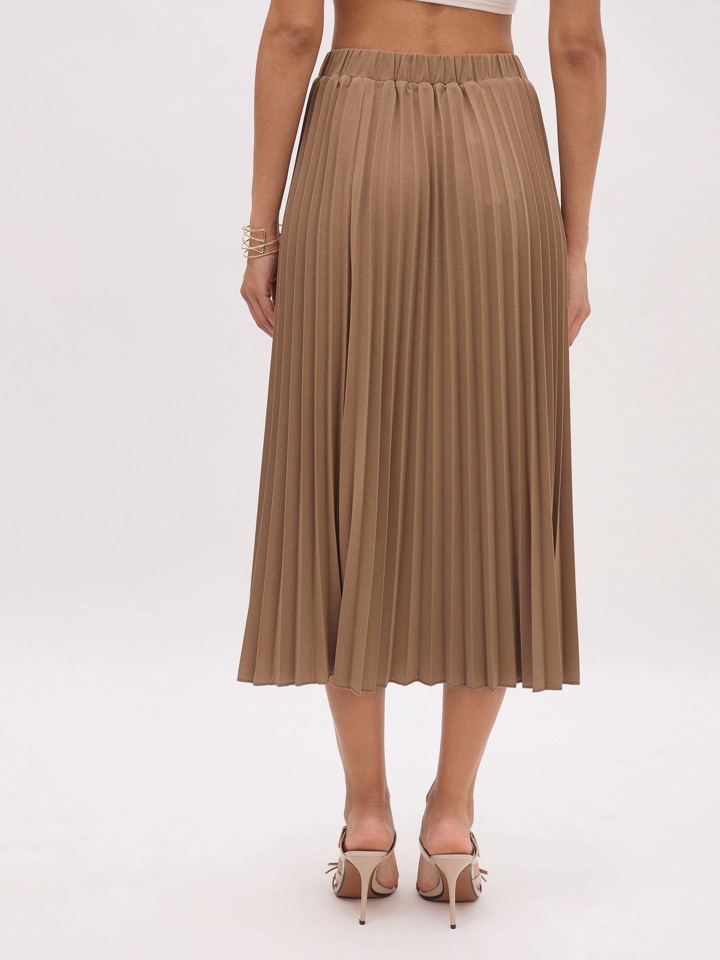 Dark Beige Elasticated Waist Pleated Midi Skirt