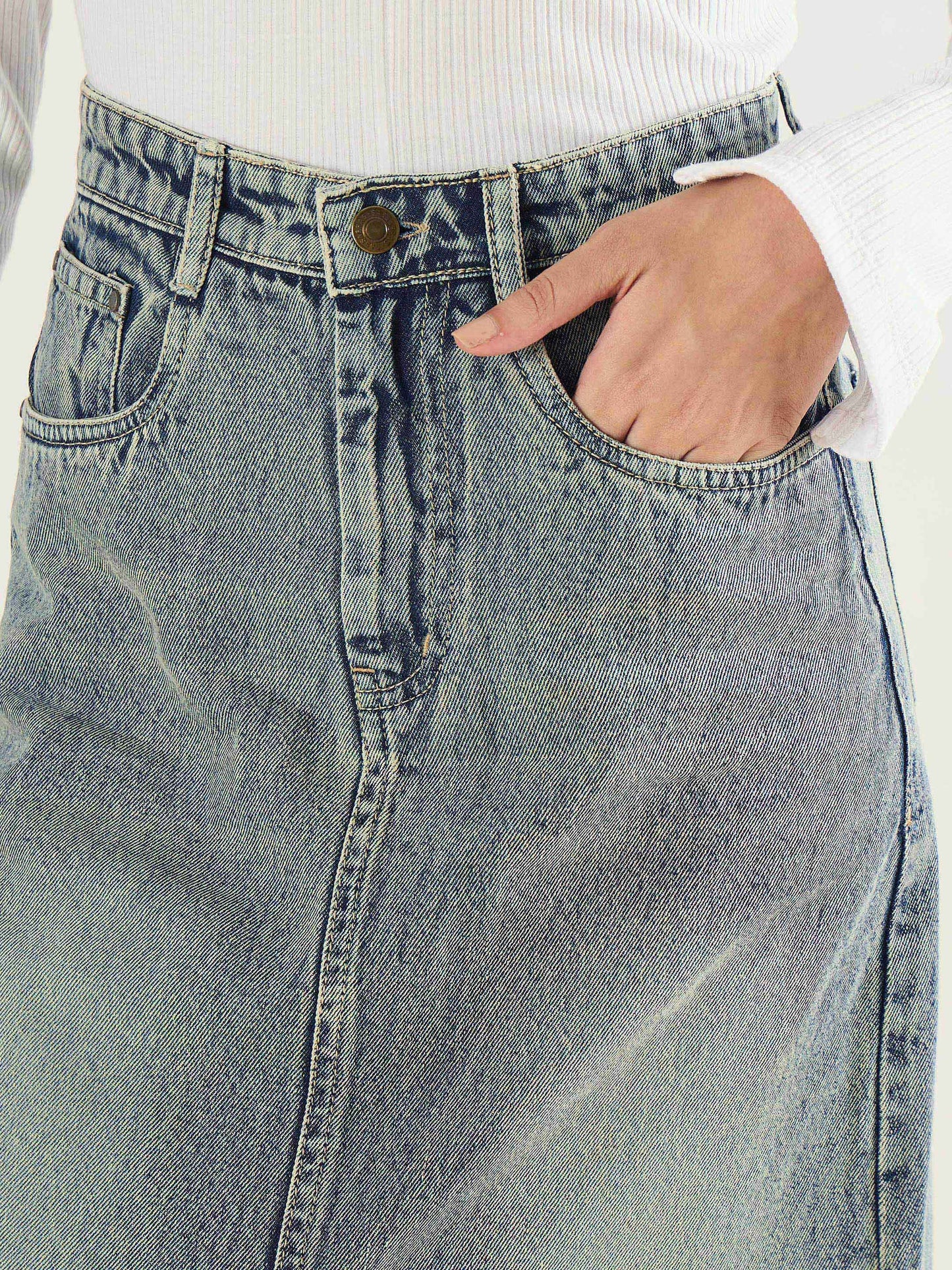 Women Faded Blue Denim Front Slit Midi Skirt