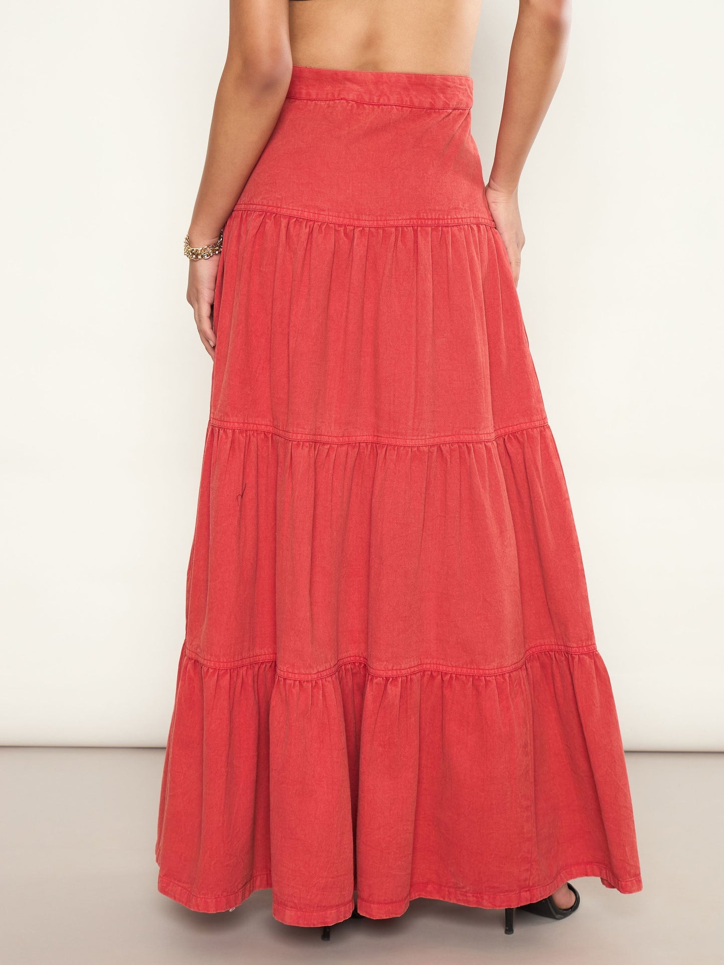 Women Red Overdyed Twill Tiered Maxi Skirt