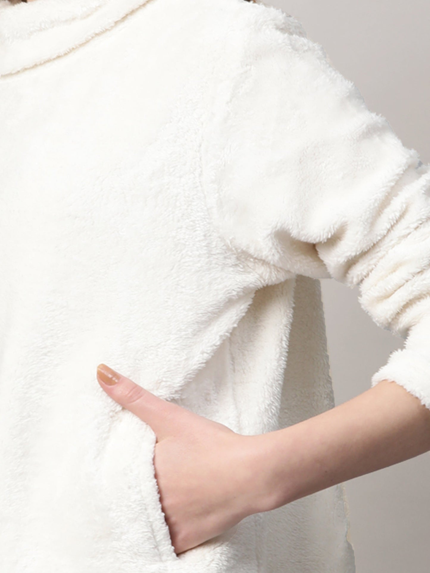 Women White High Neck Faux Fur Sweatshirt