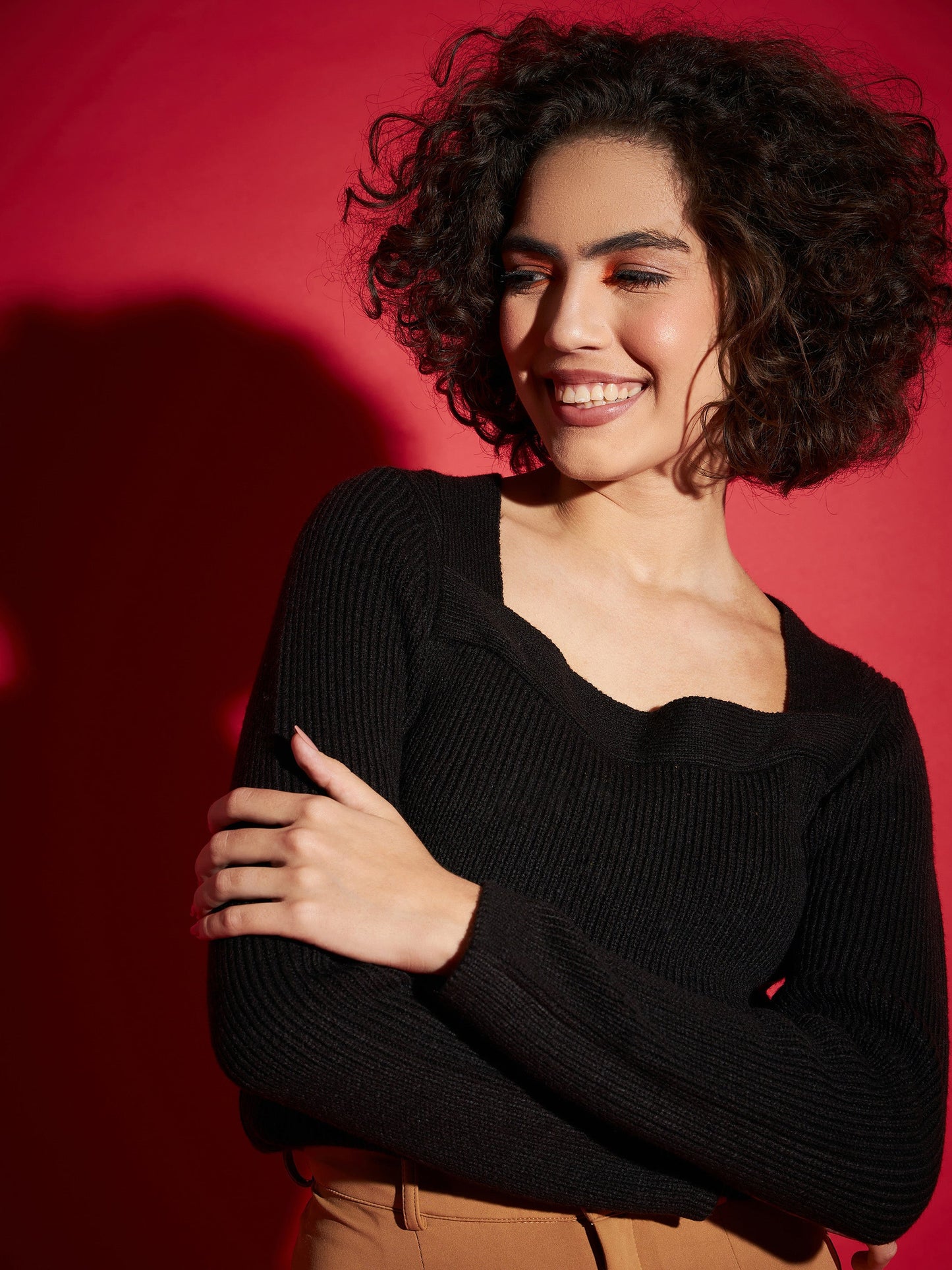 Women Black Rib Square Neck Full Sleeves Sweater