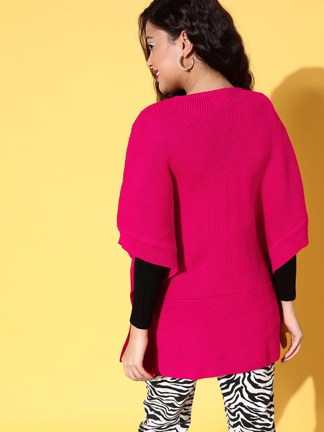 Fuchsia Knit Side Button Poncho Sweater
