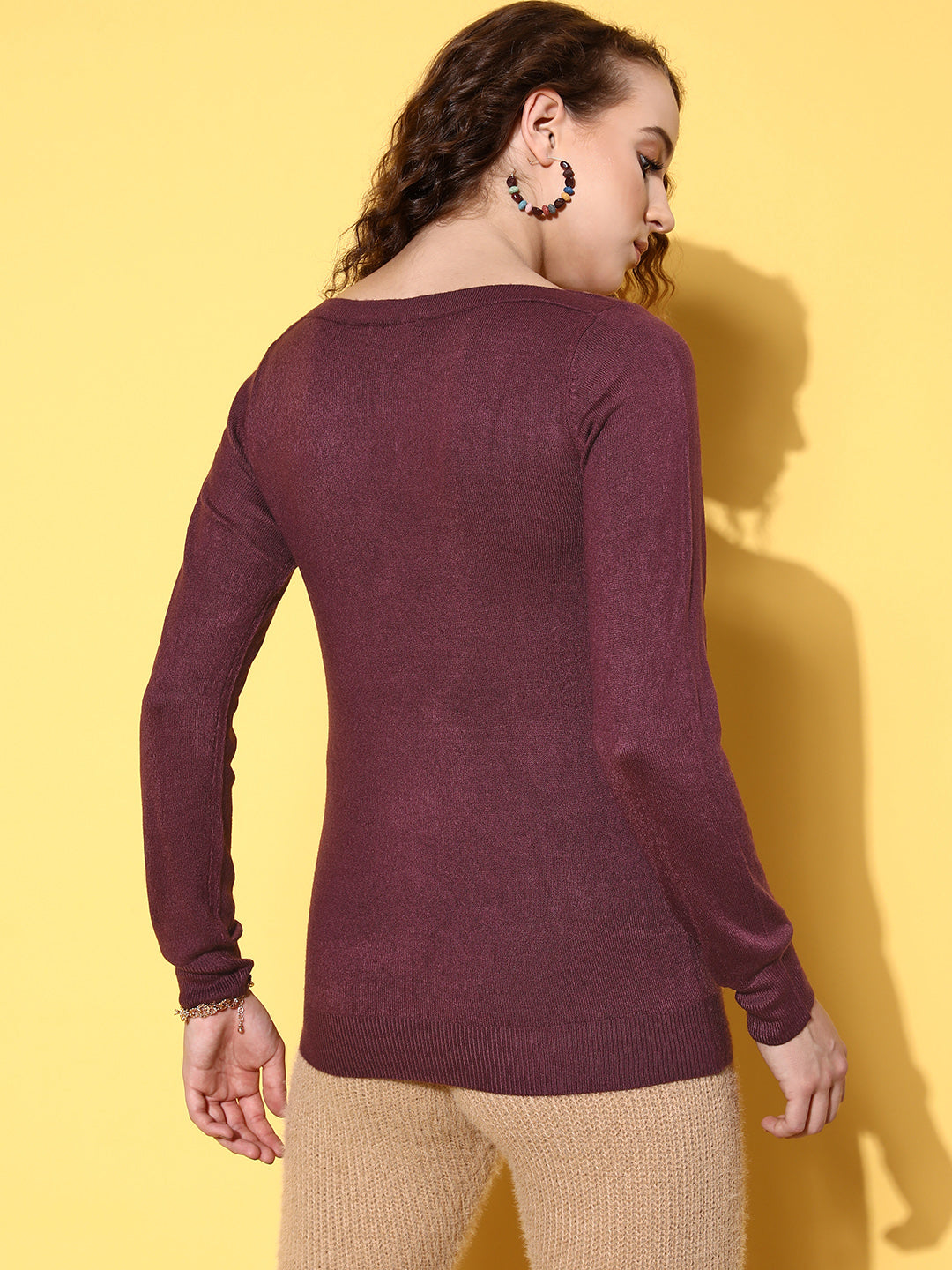 Purple Boat Neck Eyelet Sweater