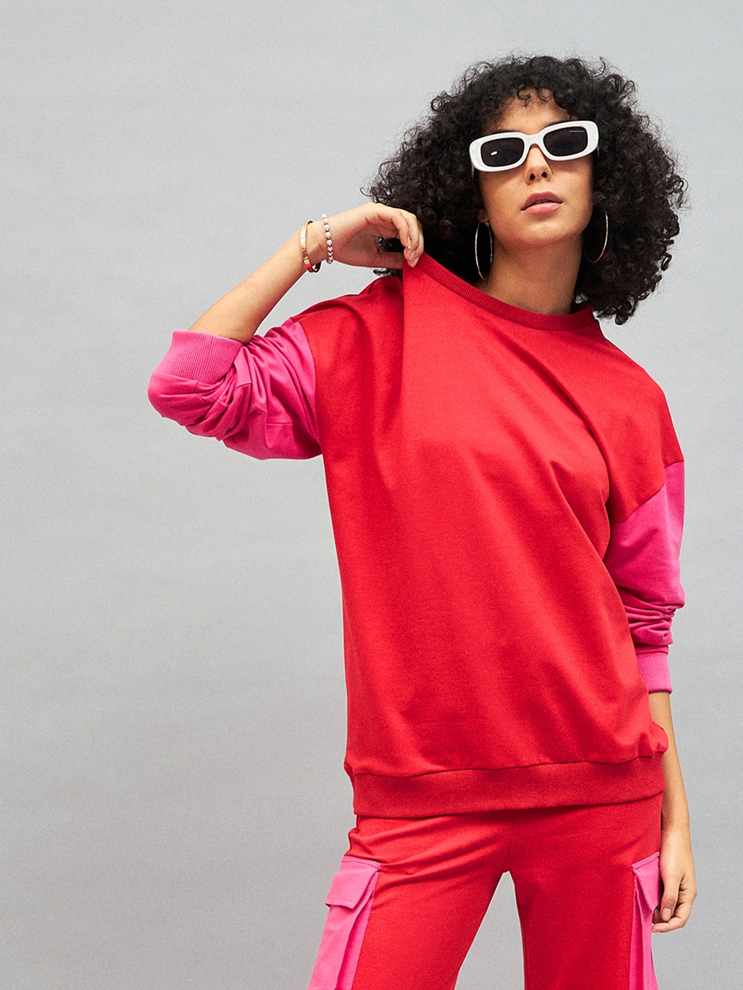 Red Knitted ColourBlock Oversize Sweatshirt