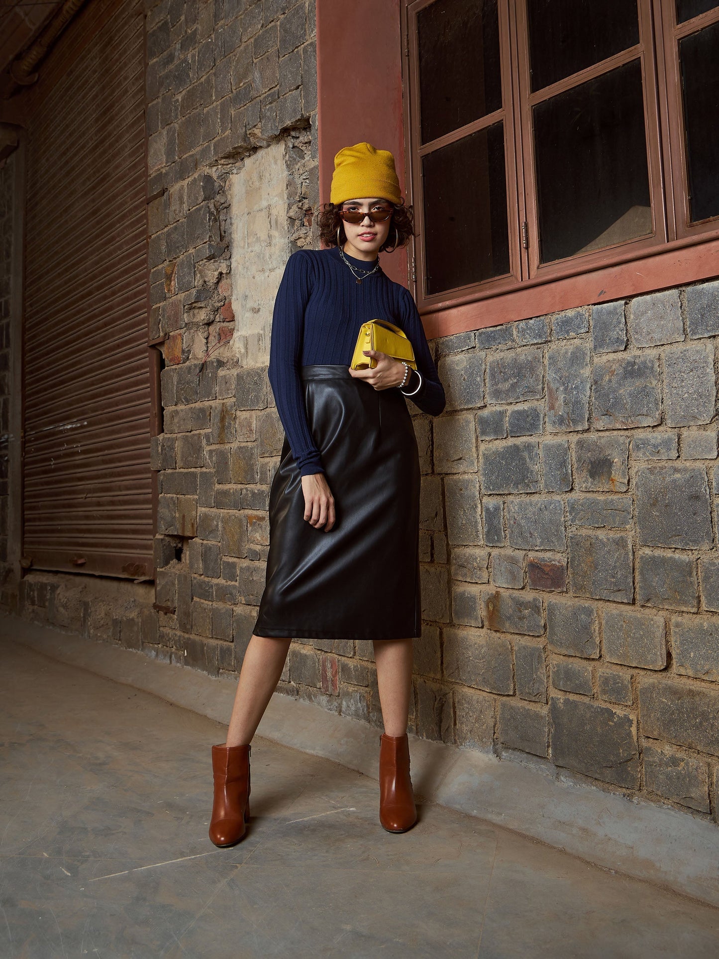 Navy Rib High Neck Full Sleeves Sweater