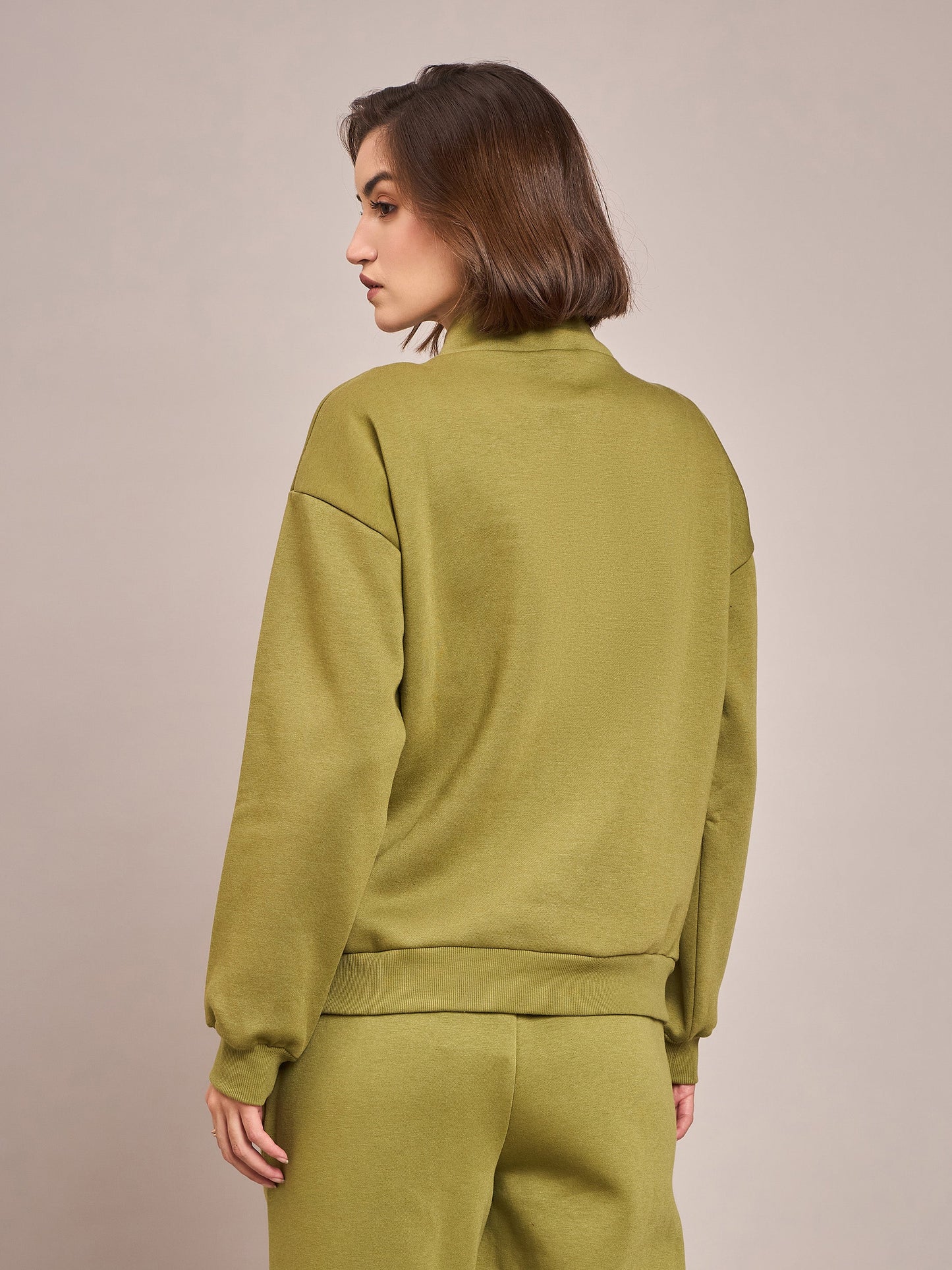 Women Olive Fleece Front Zipper Sweatshirt