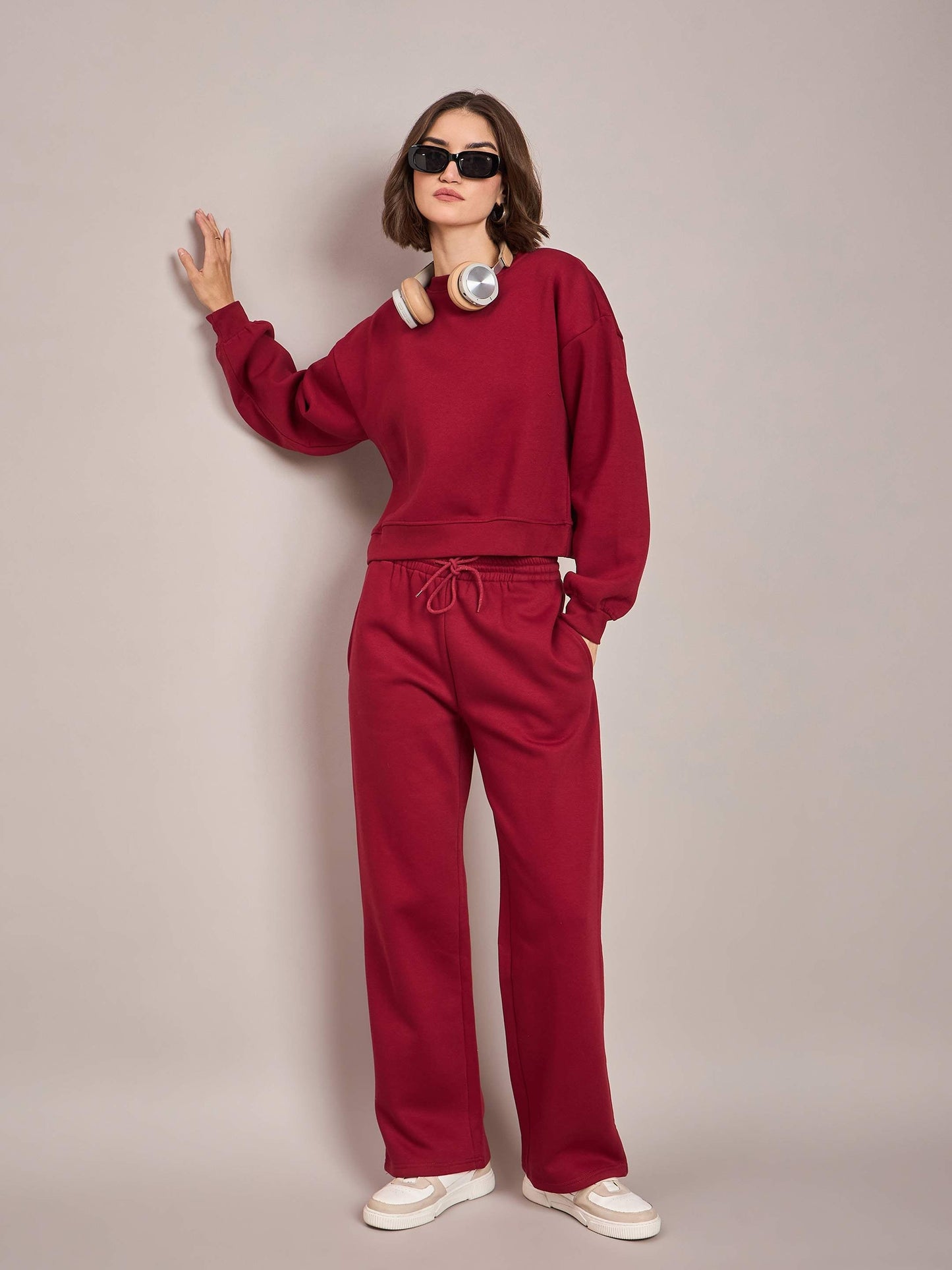 Women Maroon Premium Fleece Oversized Sweatshirt With Track Pant