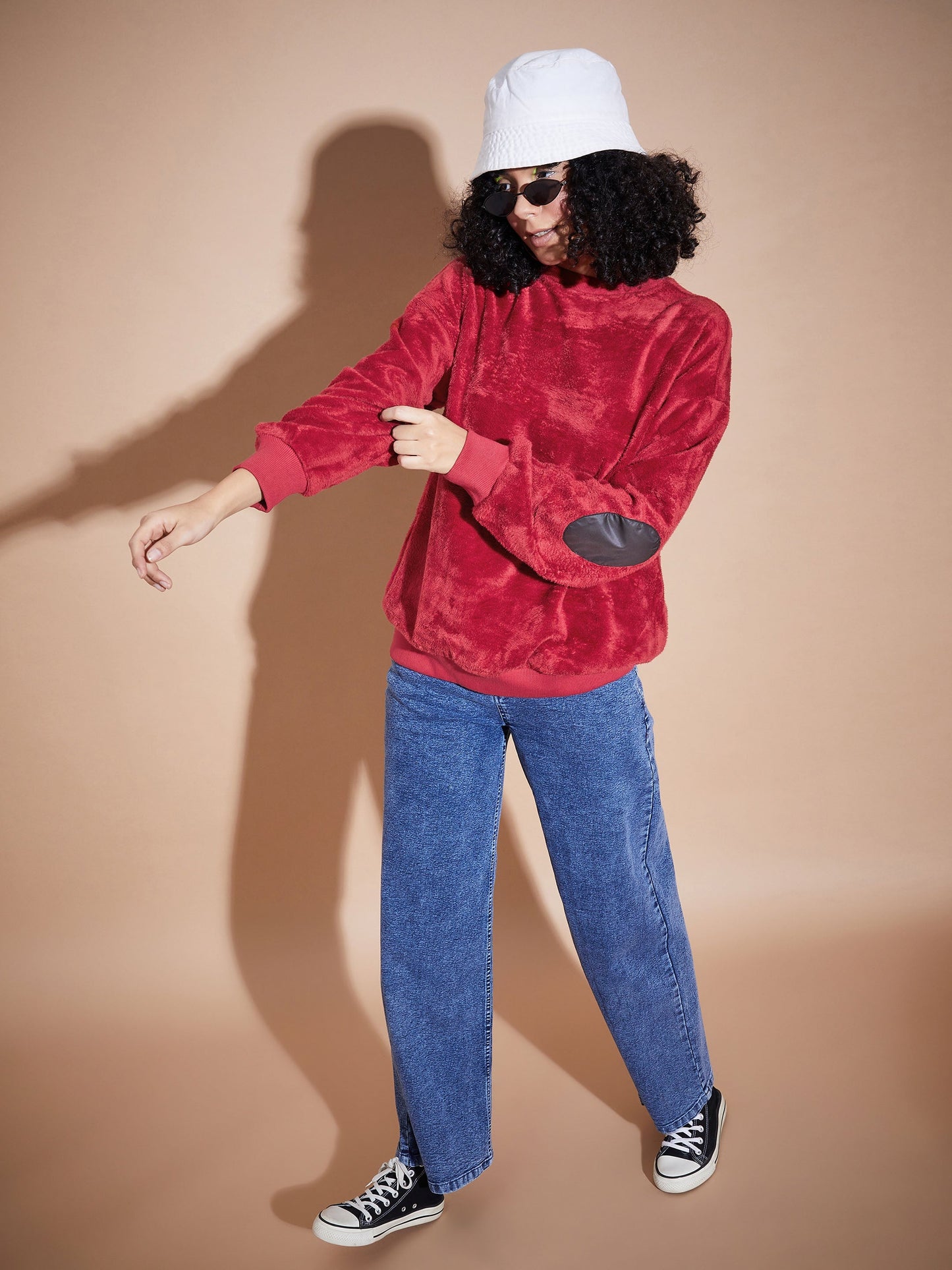 Maroon Elbow Patch Fur Round Neck Sweatshirt