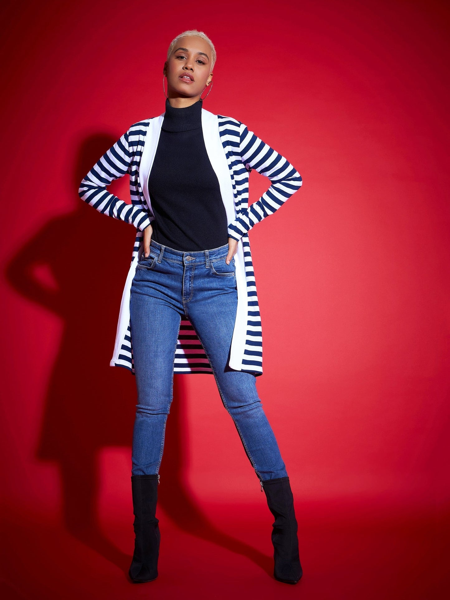 Navy & White Striped Front Open Sweater