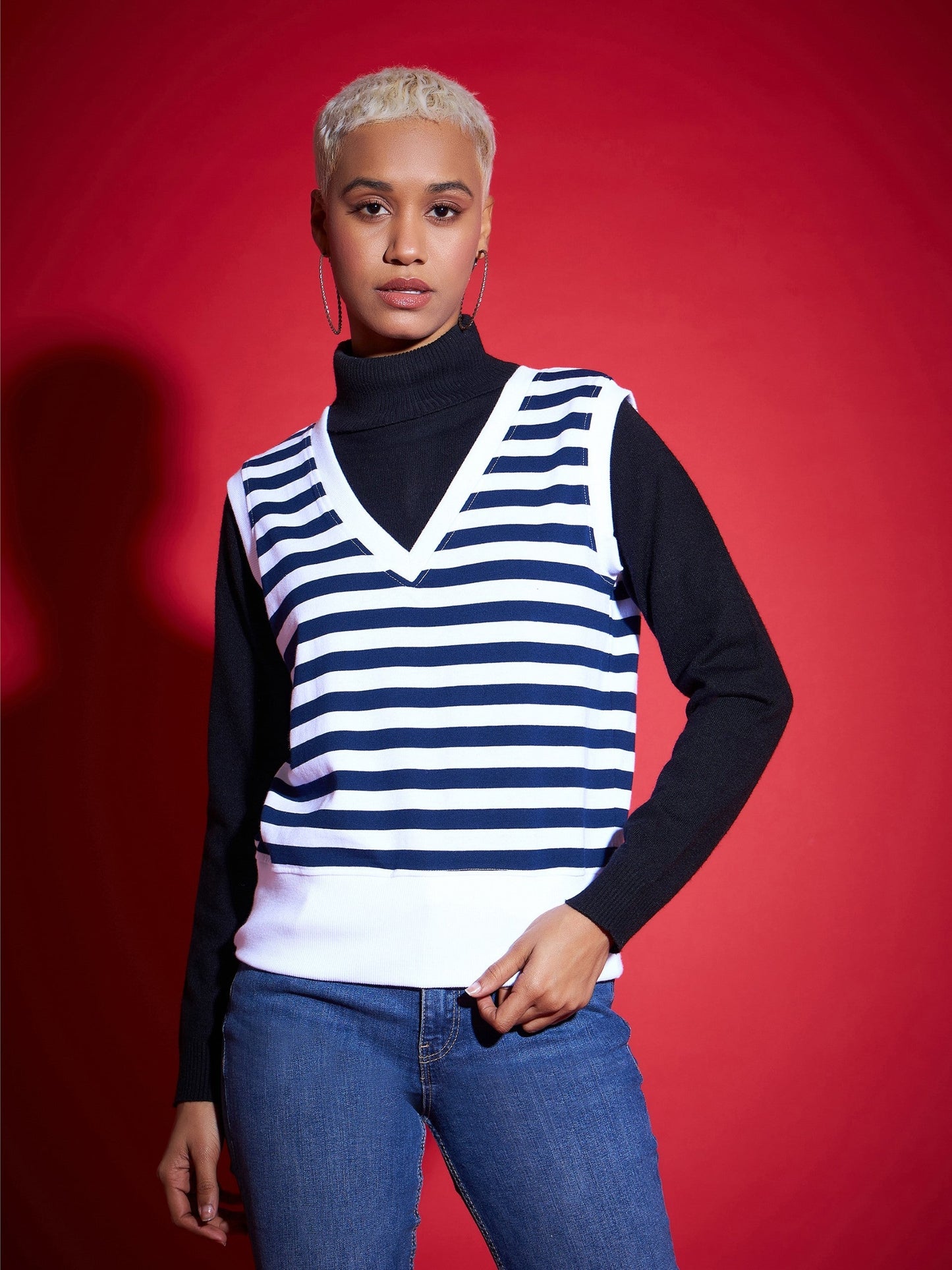 Navy & White Striped V-Neck Sleeveless Sweater
