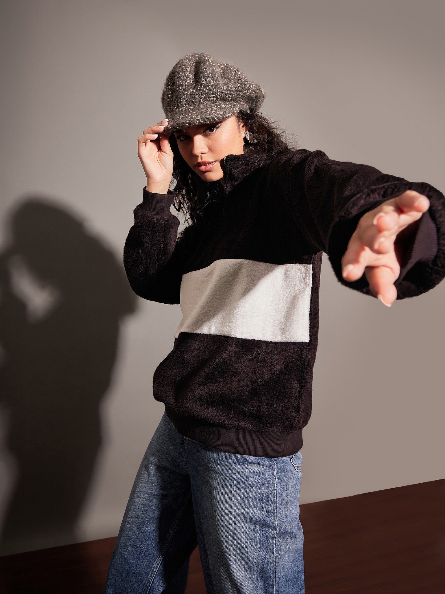 Black Fur Colour Block High Neck Sweatshirt
