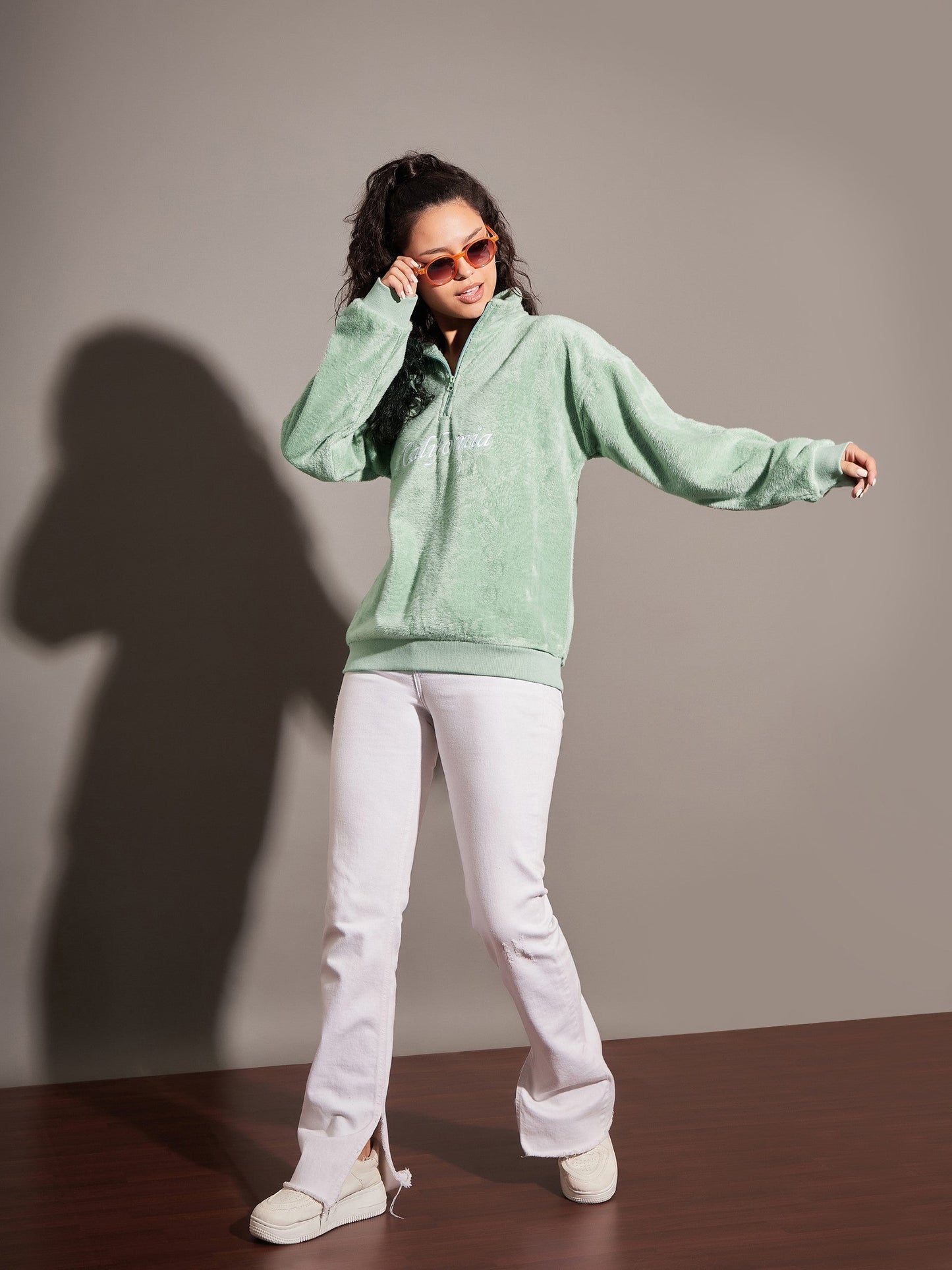 Green Fur CALIFORNIA Embroidered High Neck Sweatshirt