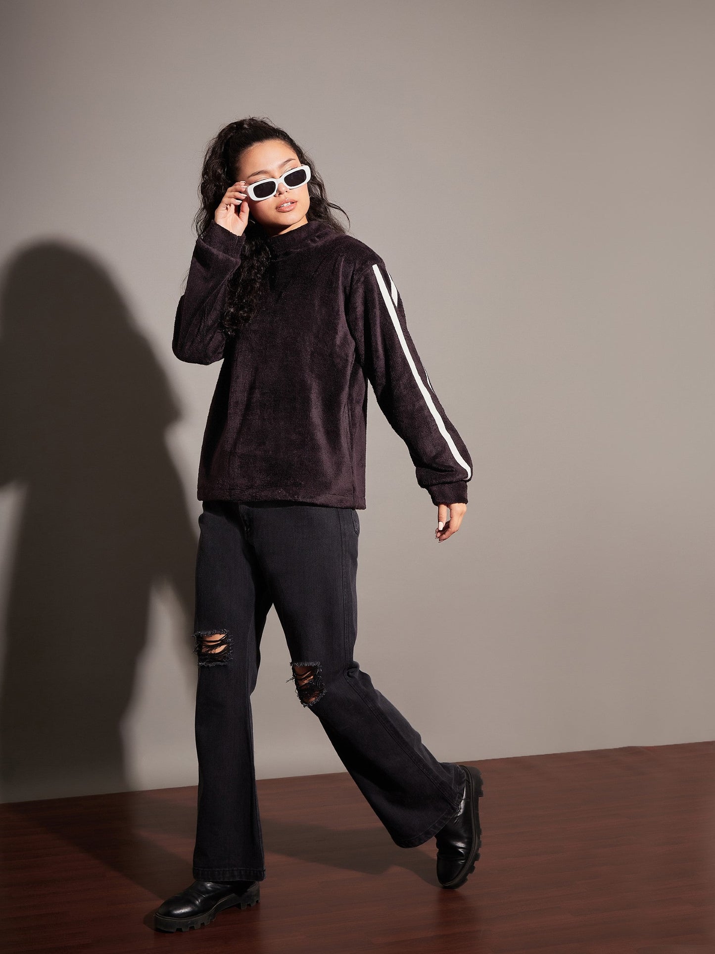 Black Fur Contrast Tape High Neck Sweatshirt