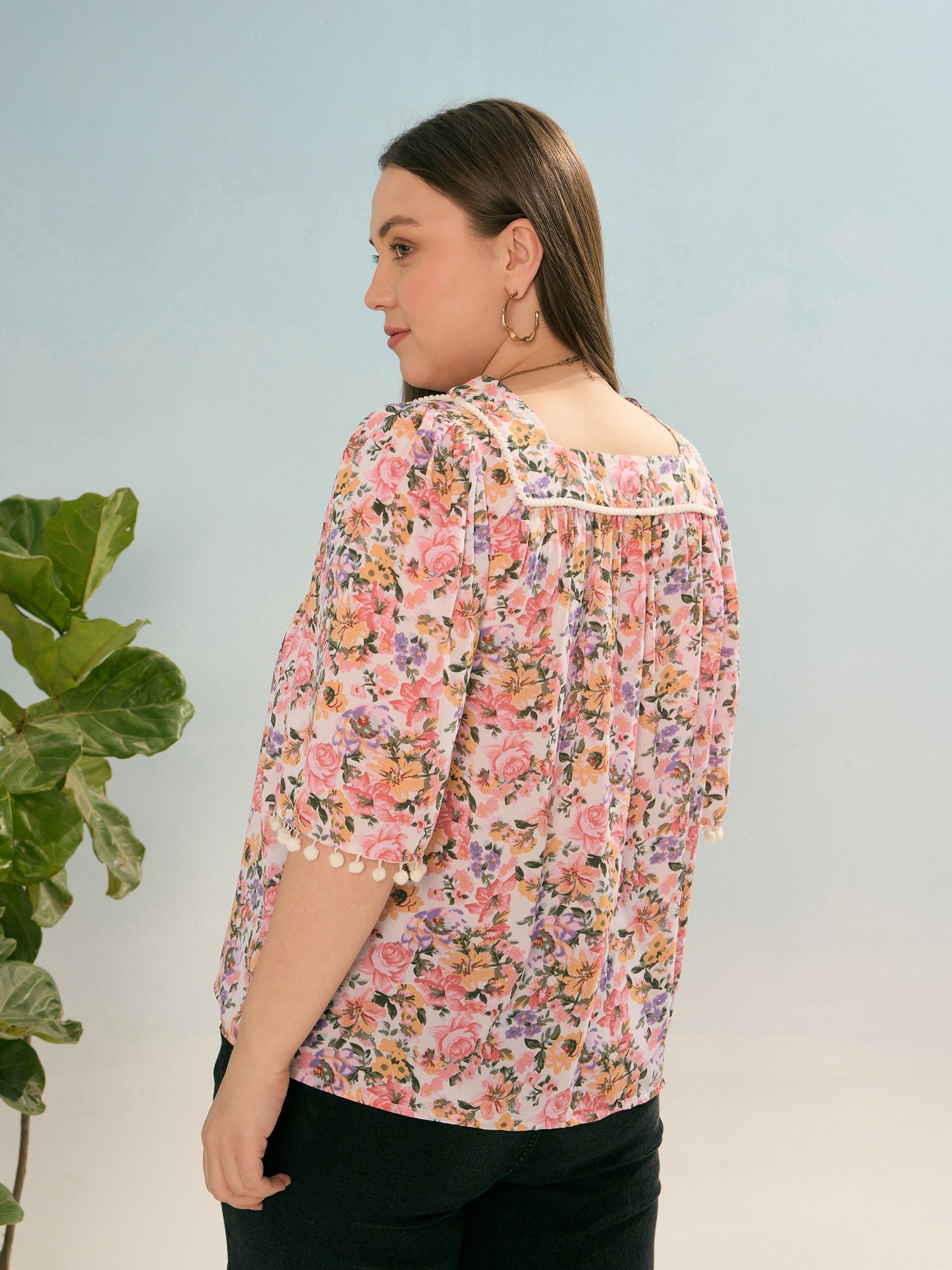 Off White Multi Floral Square Neck Top