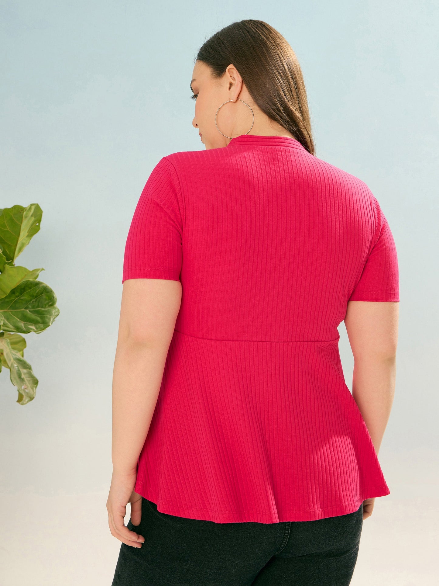 Fuchsia Rib V Neck Peplum Top -SASSAFRAS Curve