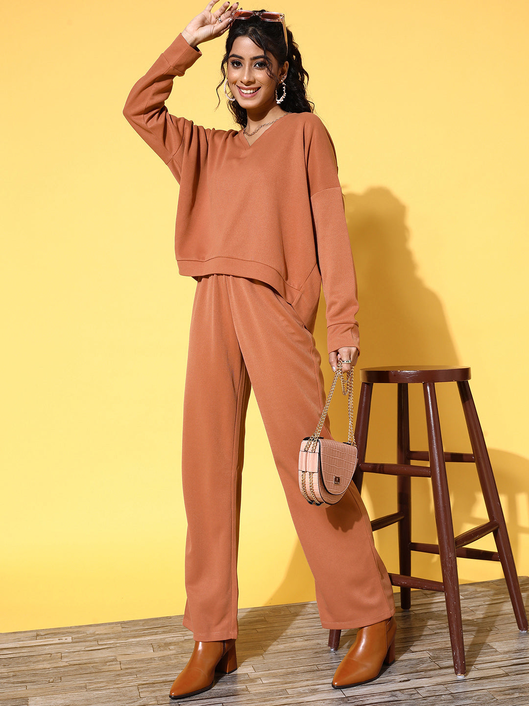 Rust Rib V-Neck High-Low Sweater Top