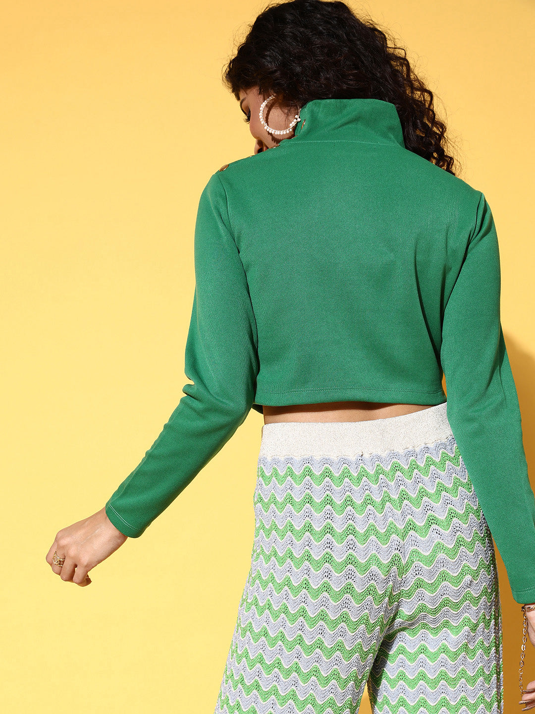 Green Rib High Neck Crop Top