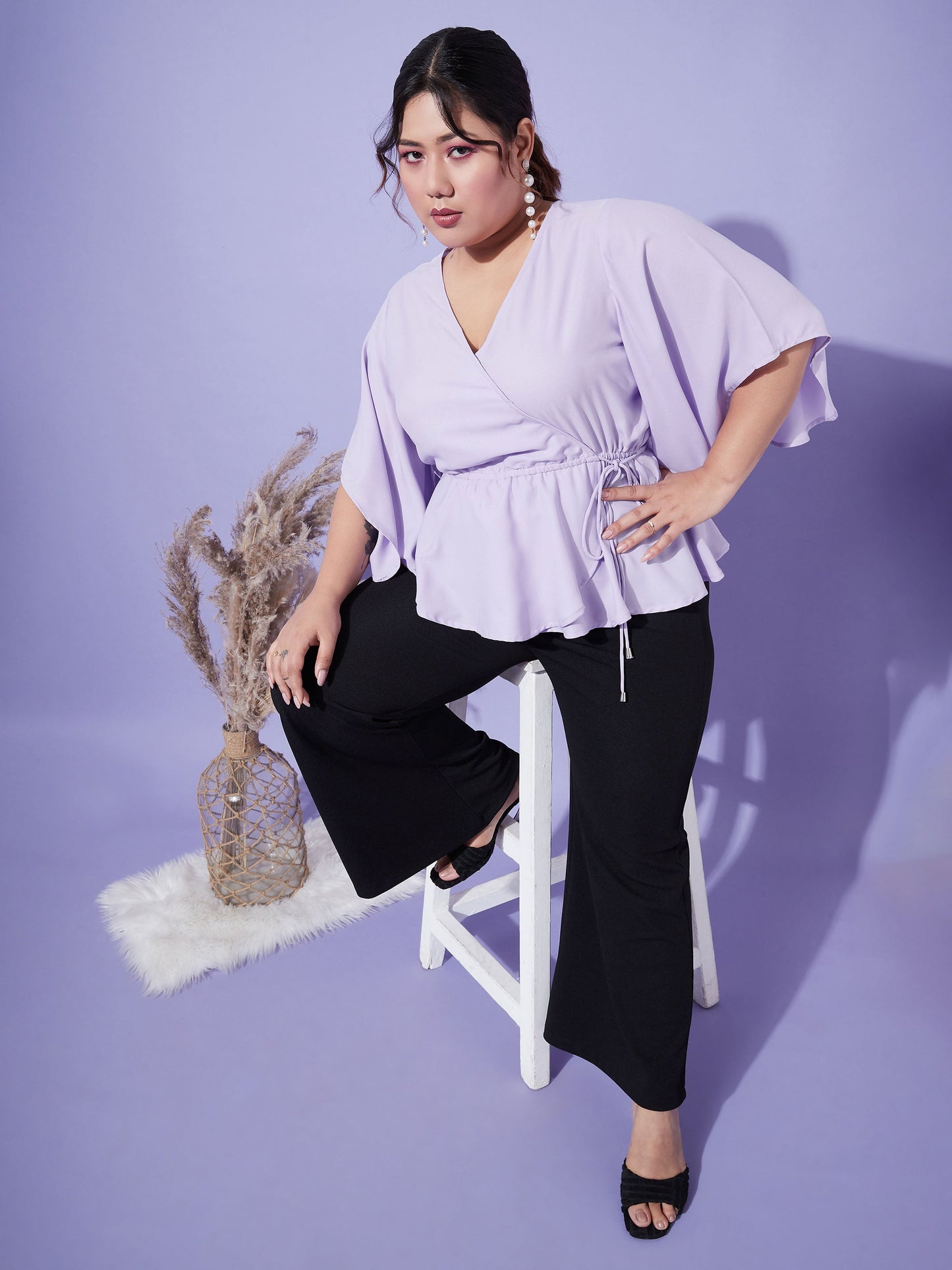 Lavender Short Frill Sleeves Wrap Top