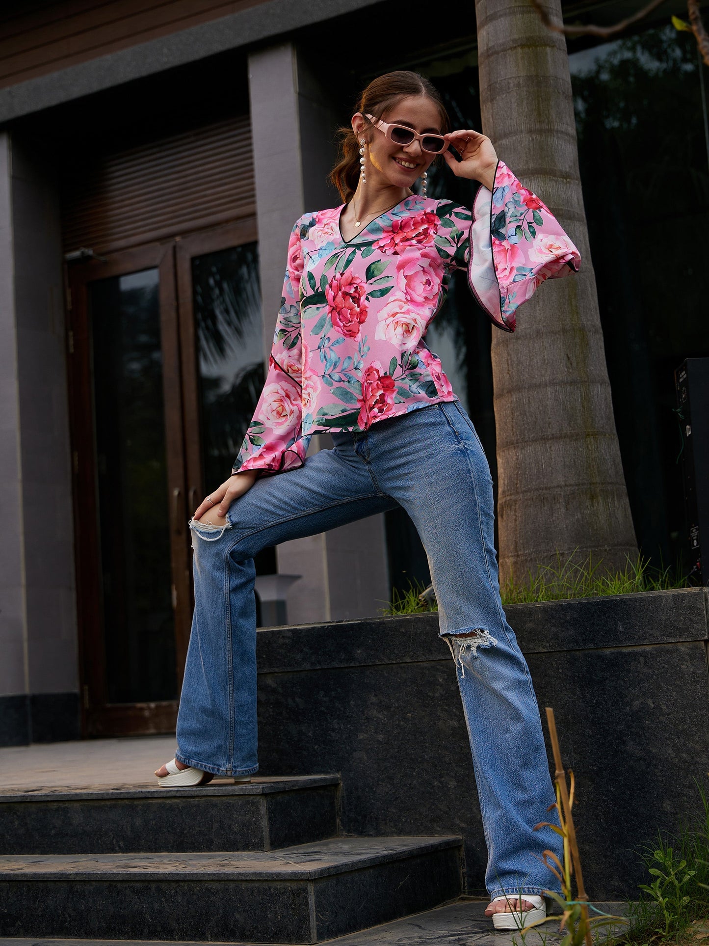 Women Rose Floral Bell Sleeves Regular Top