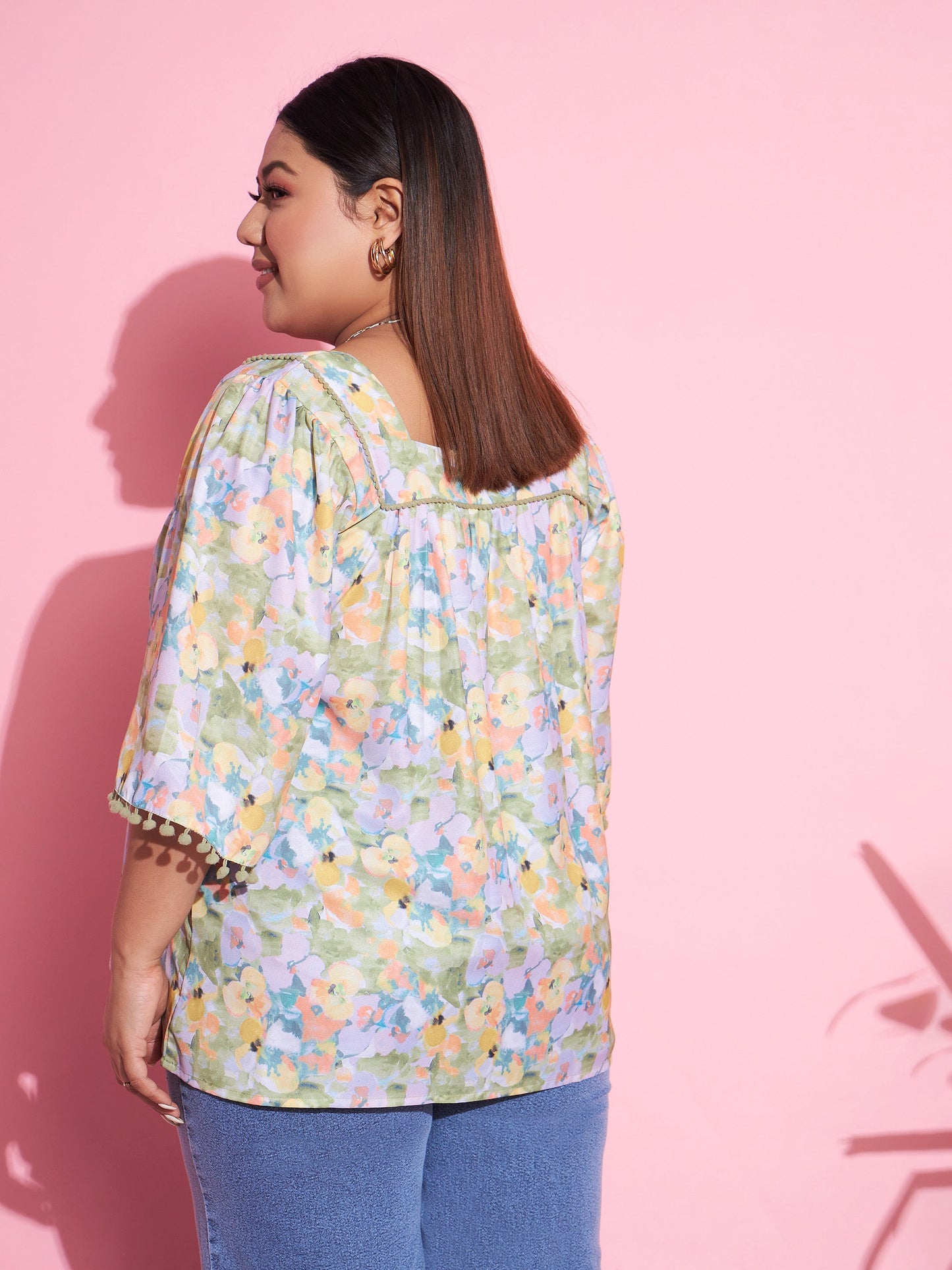 Green Floral Square Neck Top