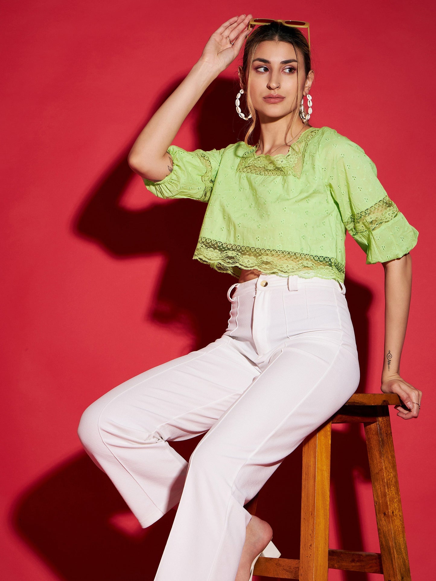 Lime Green Schiffli Square Neck Crop Top