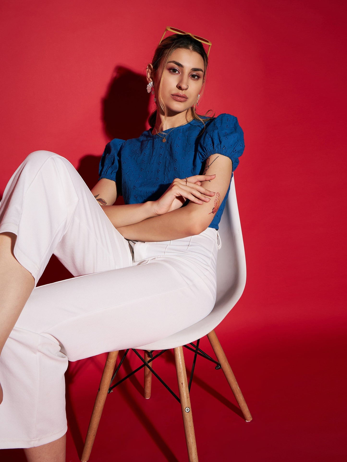 Royal Blue Schiffli Back-Tie Crop Top