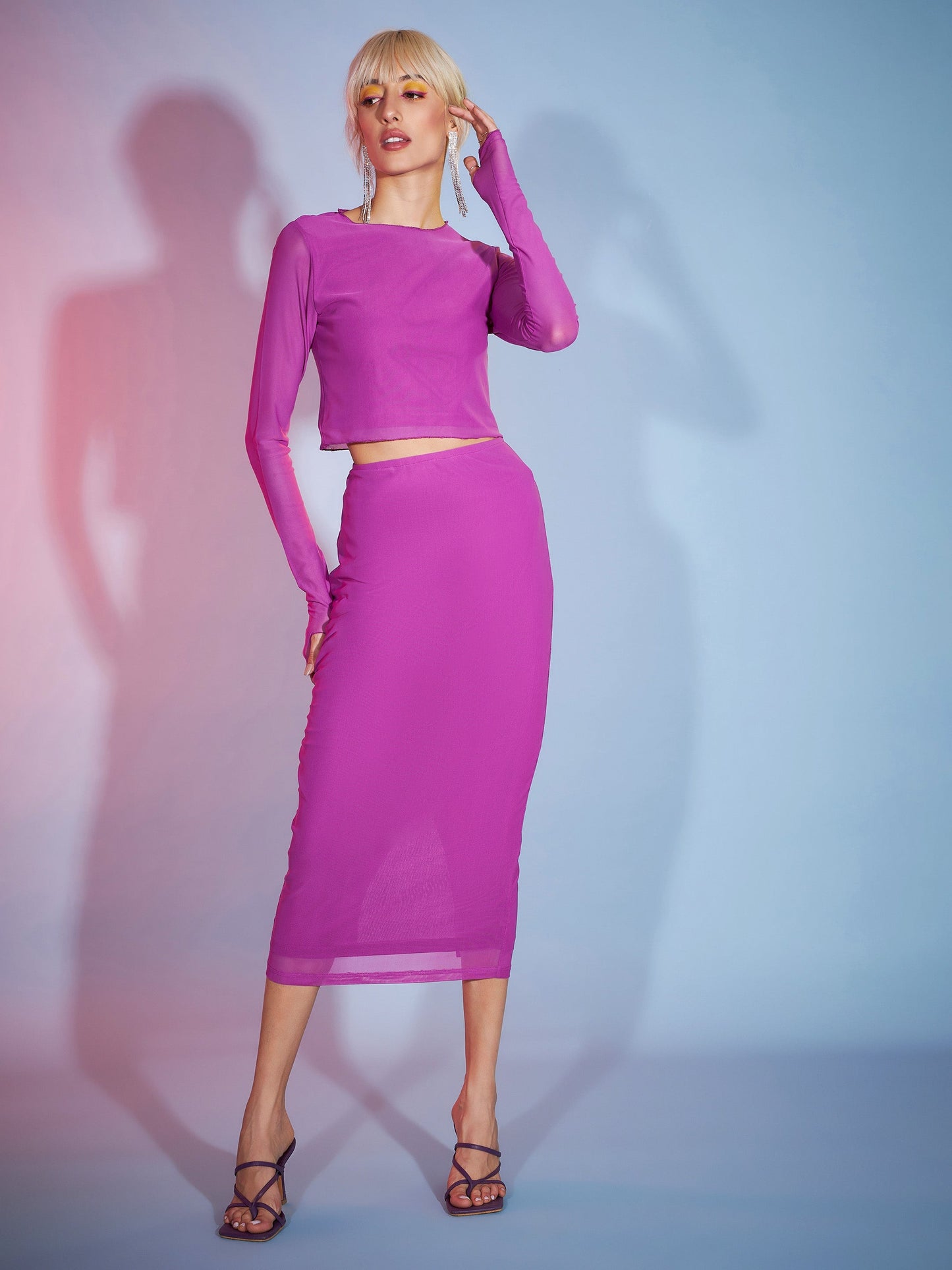 Purple Tulle Full Sleeves Crop Top