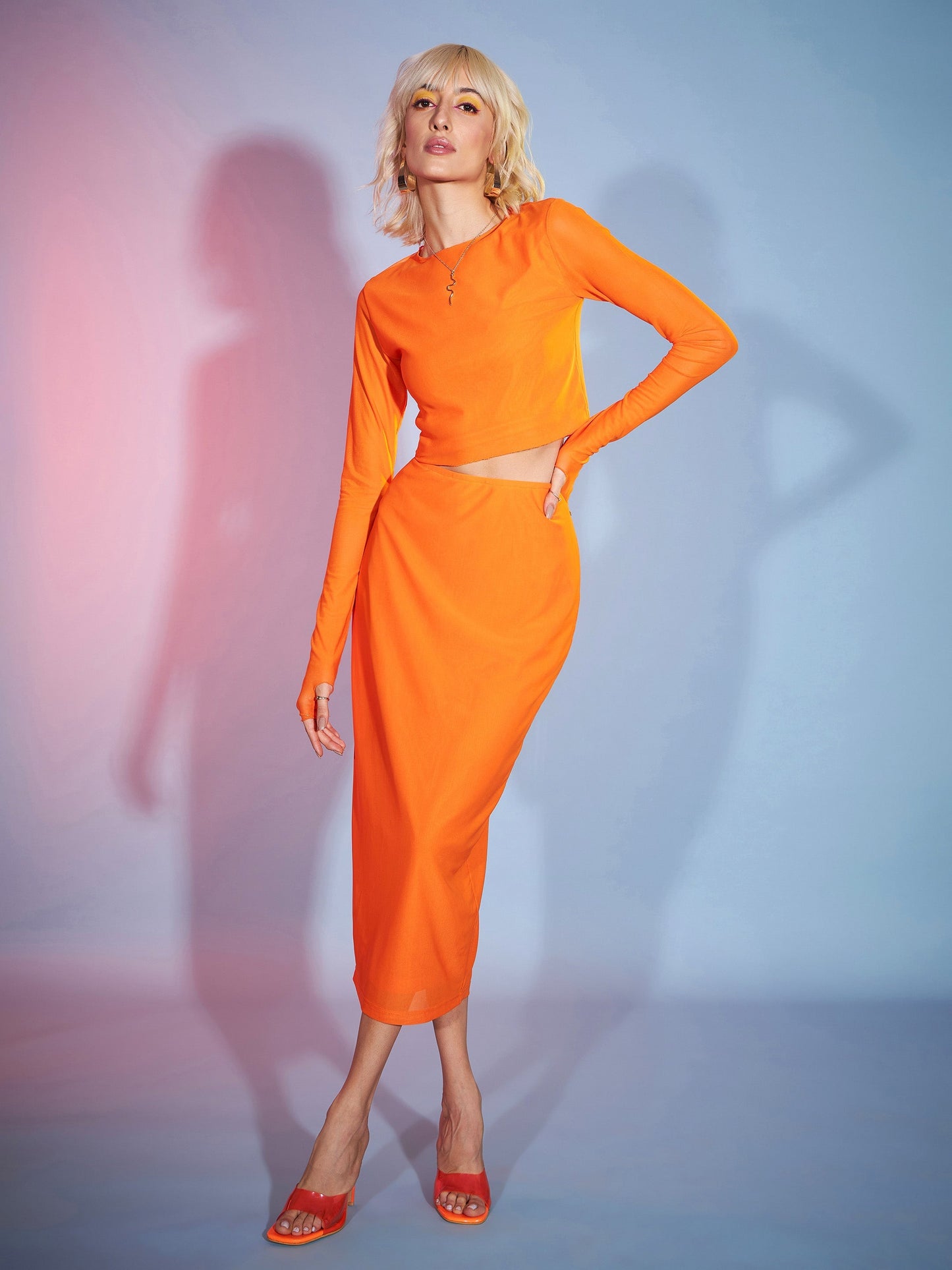 Orange Tulle Full Sleeves Crop Top