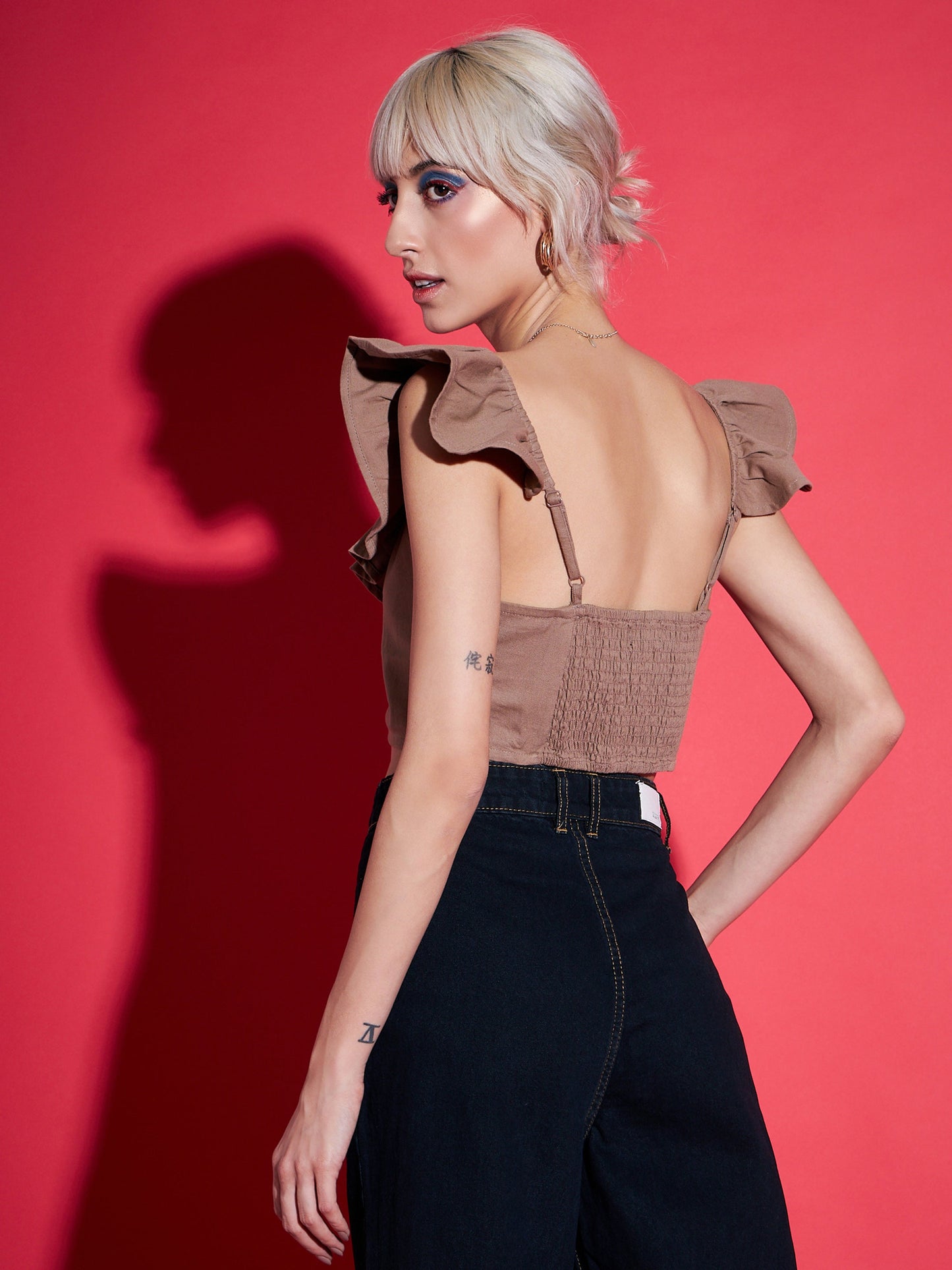 Brown Twill Ruffle Crop Top