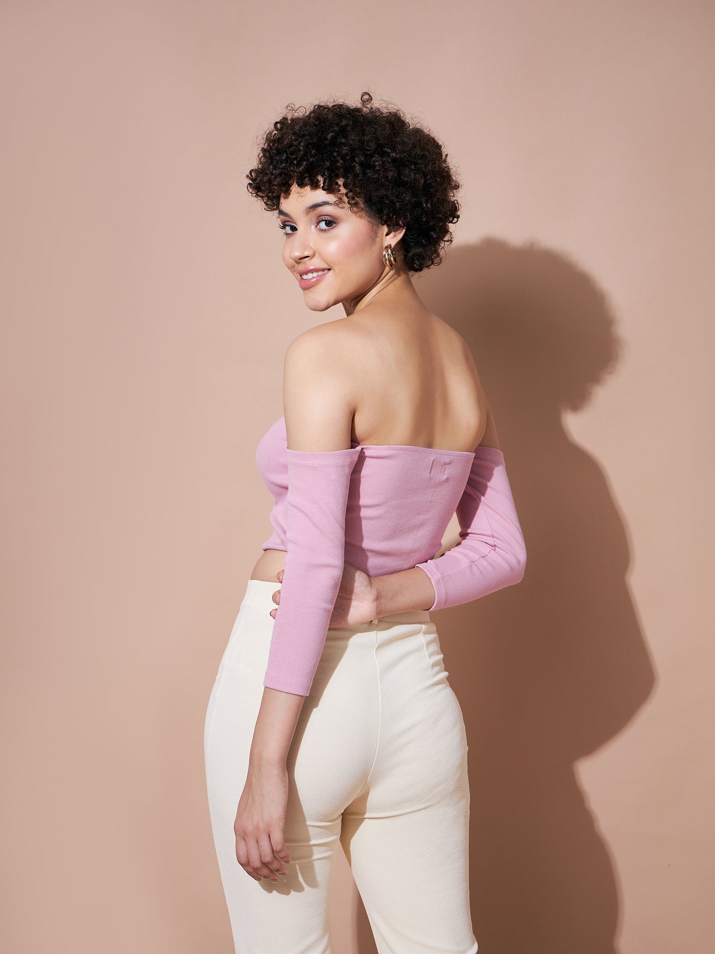Dull Pink Ribbed Bardot Crop Top