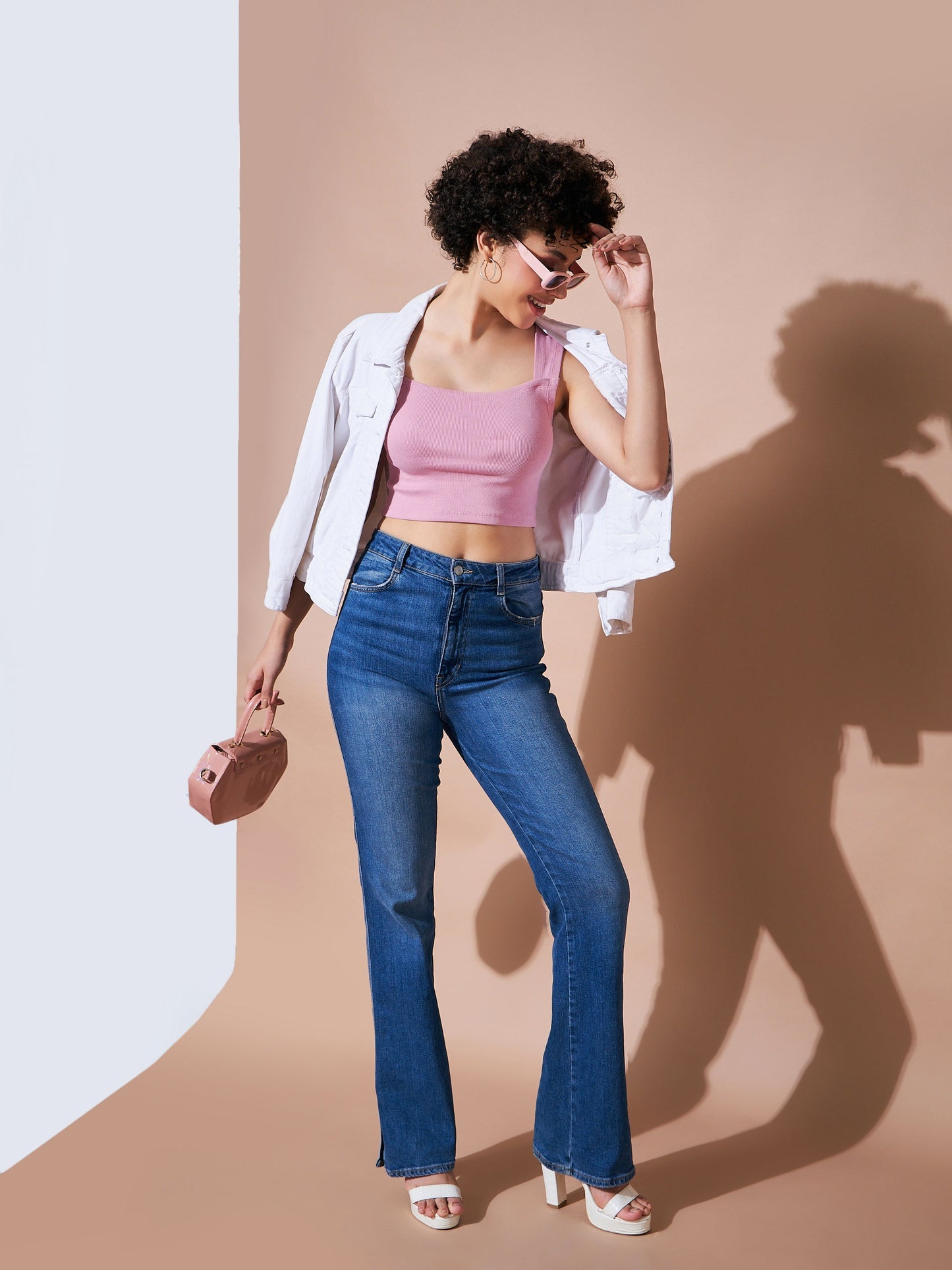Dull Pink Rhombus Neck Ribbed Crop Top