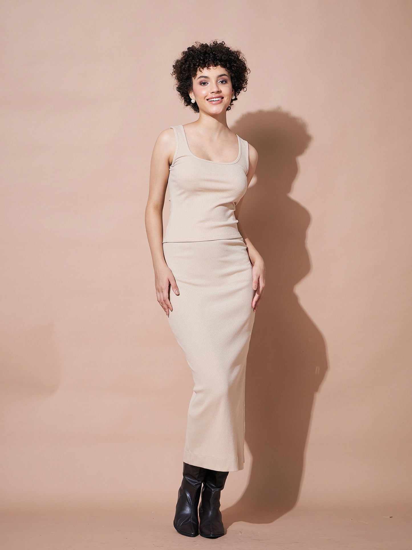 Women Beige Rib Sleeveless Top